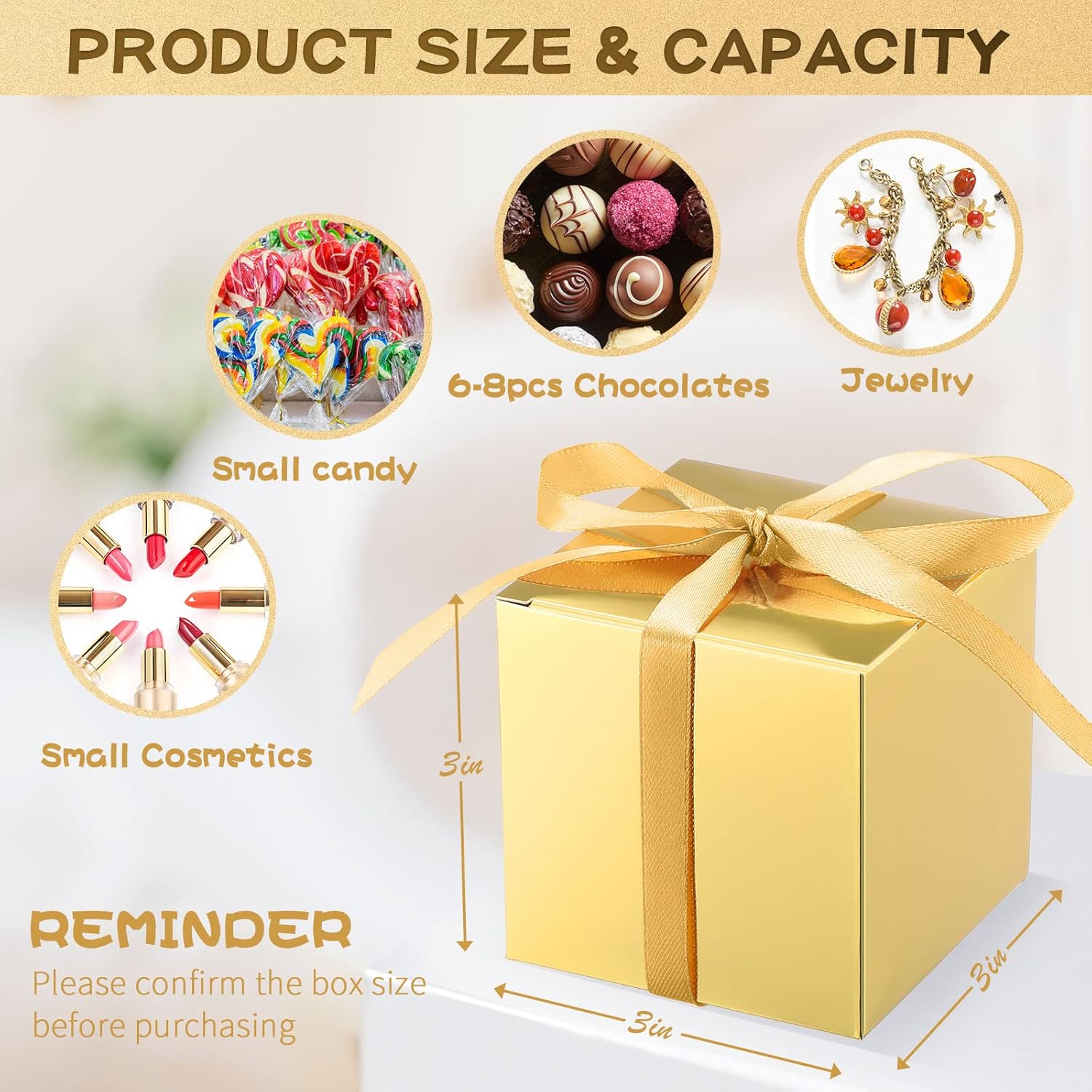 Glenmal 200 Pcs Small Gift Boxes 3 x 3 x 3 Inches Bulk Wedding Favor Candy Boxes with Ribbons Kraft Baby Shower Decorations for Wedding Baby Shower Bridal Shower Birthday Party(Gold) - Image 1