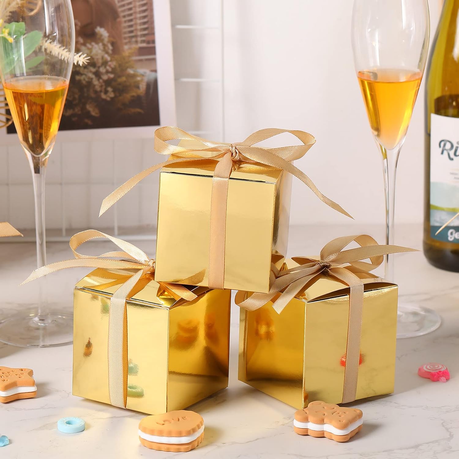 Glenmal 200 Pcs Small Gift Boxes 3 x 3 x 3 Inches Bulk Wedding Favor Candy Boxes with Ribbons Kraft Baby Shower Decorations for Wedding Baby Shower Bridal Shower Birthday Party(Gold) - Image 4