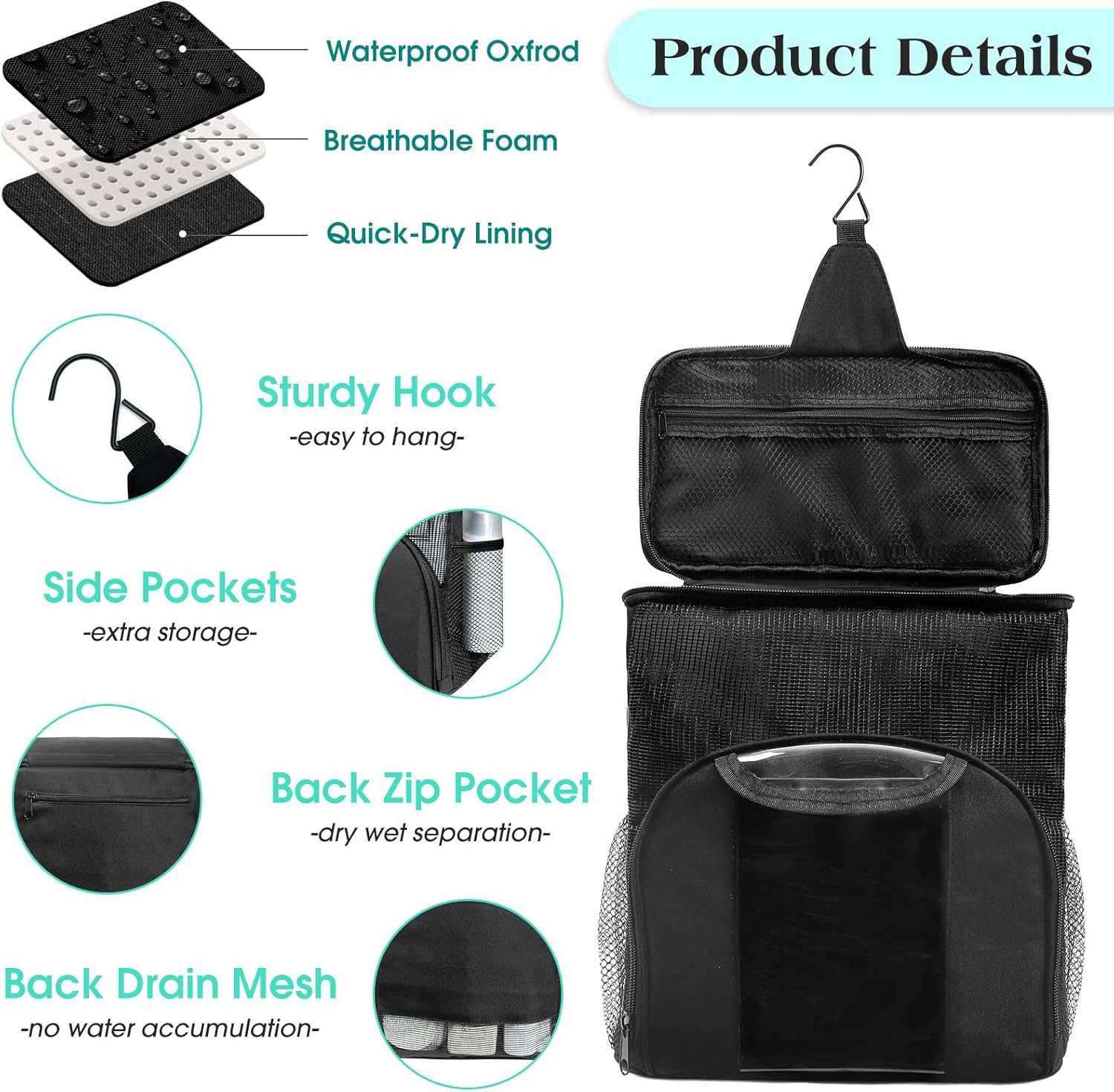 Mesh Shower Caddy Portable Dorm Tote Bag, Quick Dry Hanging Toiletry Bag, Large Capacity Shower Bag for College Dorm Room Essentials for Boys and Girls for Bath Camping (Black) - Image 4