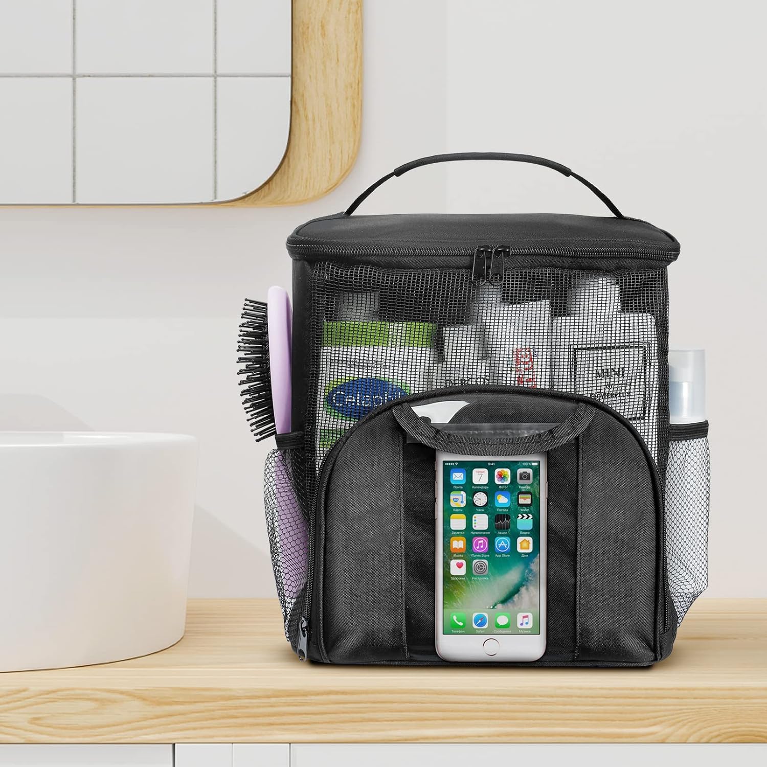 Mesh Shower Caddy Portable Dorm Tote Bag, Quick Dry Hanging Toiletry Bag, Large Capacity Shower Bag for College Dorm Room Essentials for Boys and Girls for Bath Camping (Black) - Image 7