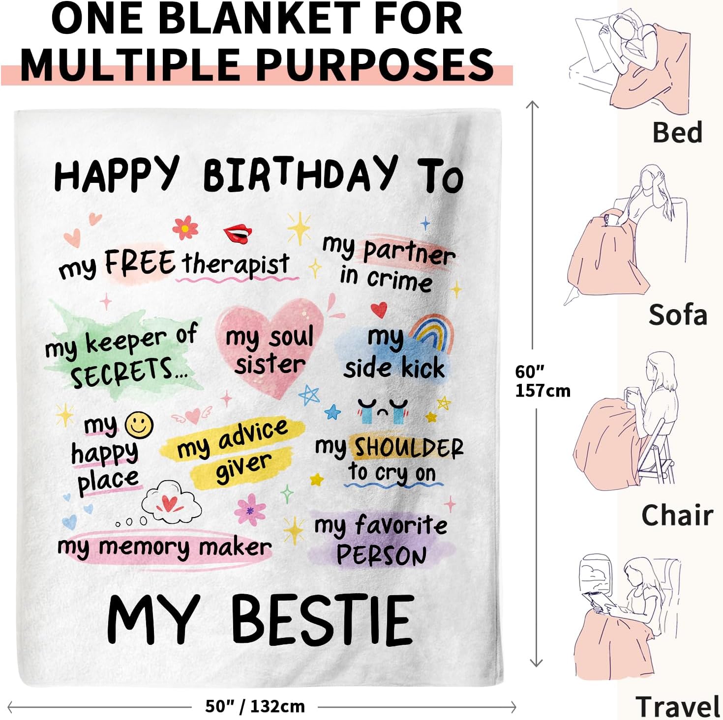 Best Friend Bestie Birthday Gifts for Women, Soft Flannel Blanket, Friend Birthday Gifts for Women Friendship, Happy Bday for Bestie BFF, 50'' x 60'' - Image 3