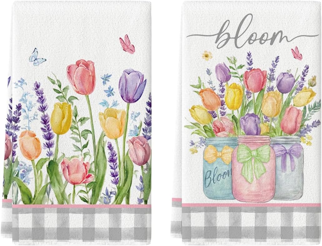 Buffalo Plaid Tulip Bloom Vase Spring Kitchen Towels Dish Towels, 18x26 Inch Farmhouse Summer Floral Decoration Hand Towels Set of 2 - Image 1