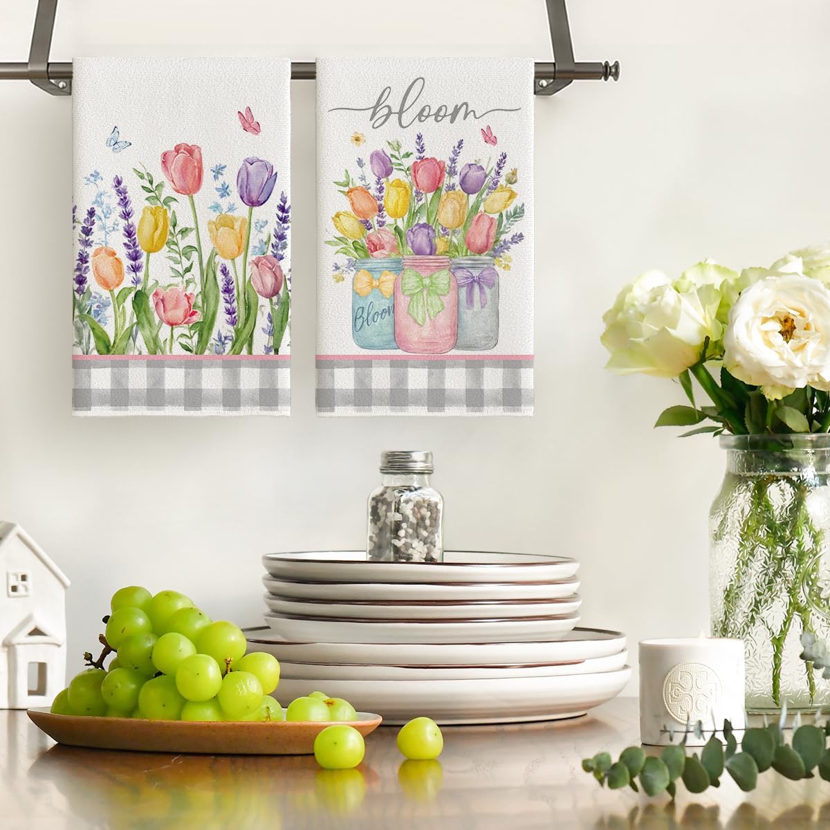 Buffalo Plaid Tulip Bloom Vase Spring Kitchen Towels Dish Towels, 18x26 Inch Farmhouse Summer Floral Decoration Hand Towels Set of 2 - Image 2