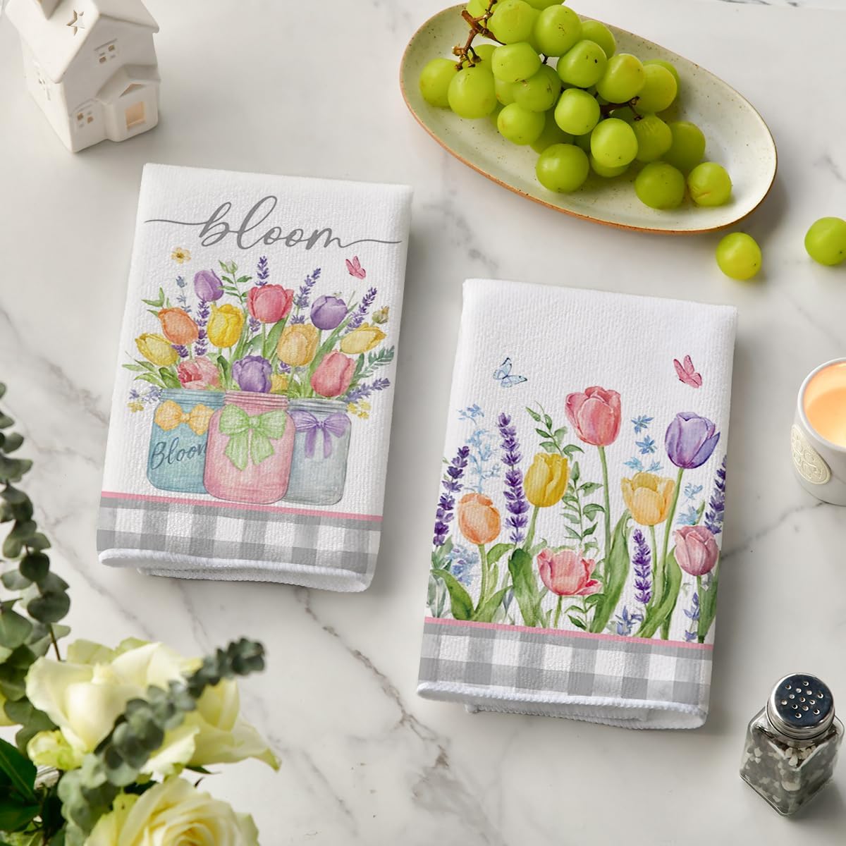 Buffalo Plaid Tulip Bloom Vase Spring Kitchen Towels Dish Towels, 18x26 Inch Farmhouse Summer Floral Decoration Hand Towels Set of 2 - Image 3