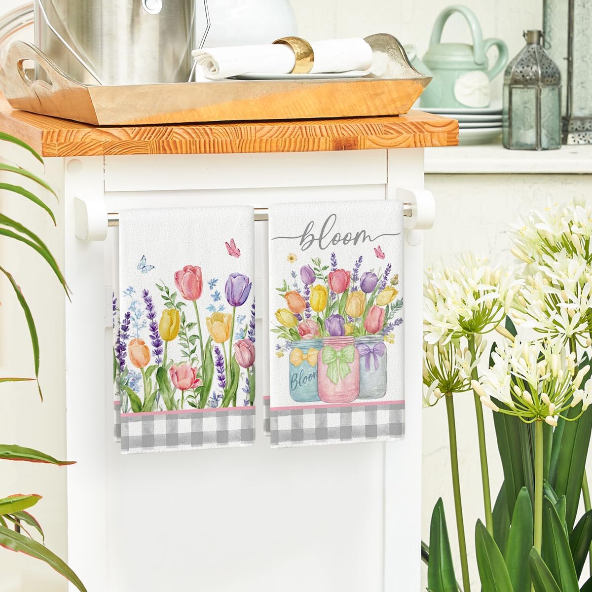 Buffalo Plaid Tulip Bloom Vase Spring Kitchen Towels Dish Towels, 18x26 Inch Farmhouse Summer Floral Decoration Hand Towels Set of 2 - Image 4
