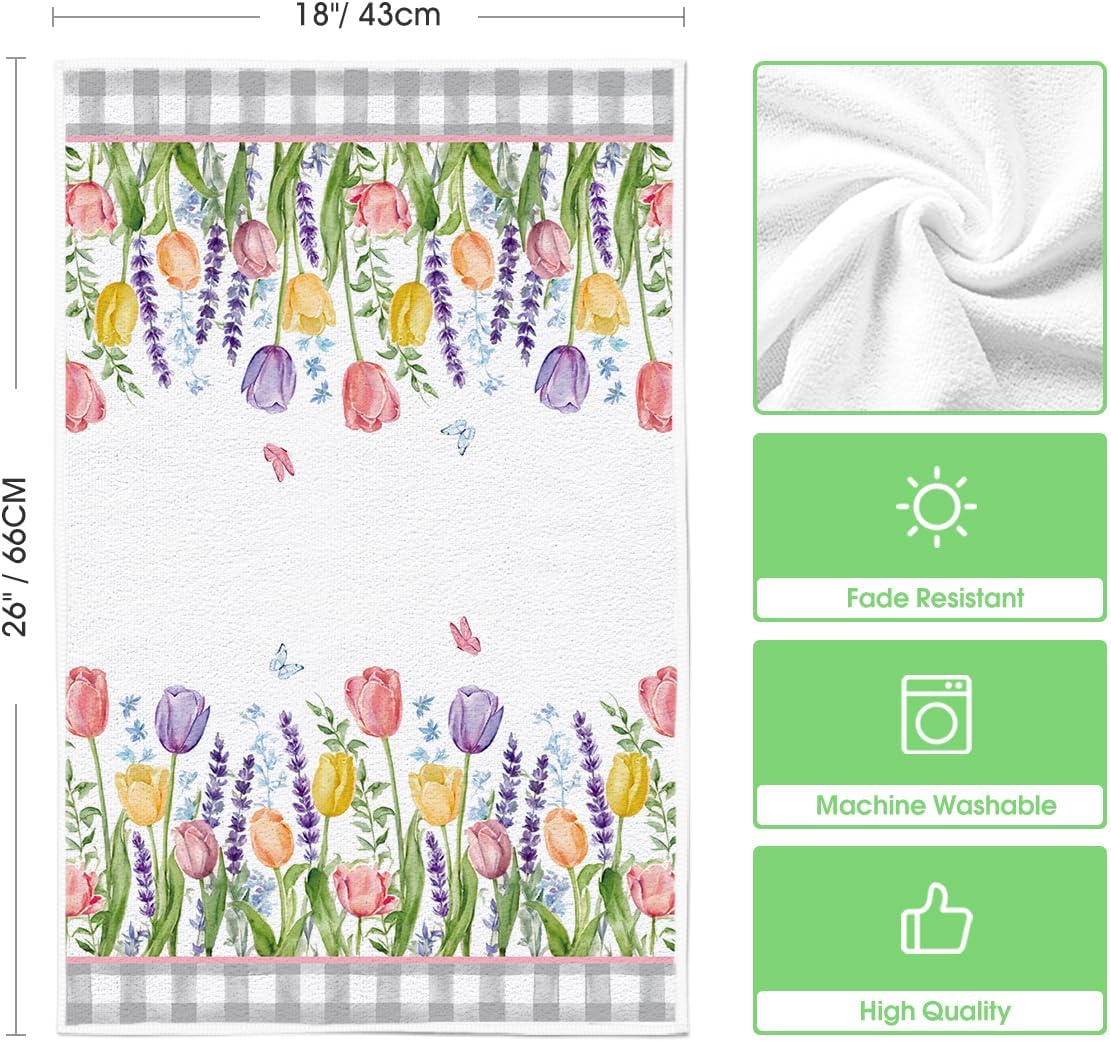 Buffalo Plaid Tulip Bloom Vase Spring Kitchen Towels Dish Towels, 18x26 Inch Farmhouse Summer Floral Decoration Hand Towels Set of 2 - Image 6