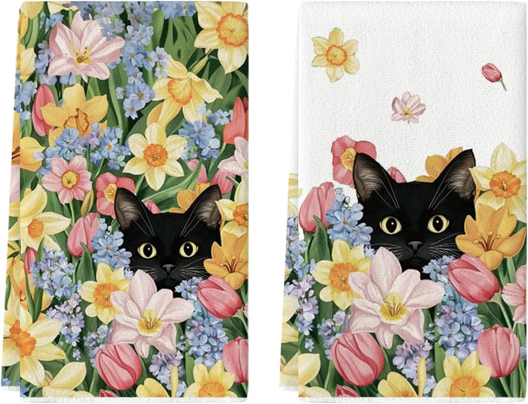 Tulip Wild Flowers Black Cat Spring Kitchen Towels Dish Towels, 18x26 Inch Farmhouse Floral Decoration Hand Towels Set of 2 - Image 1