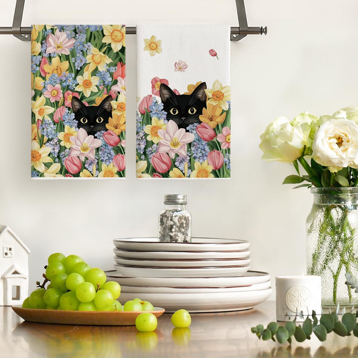 Tulip Wild Flowers Black Cat Spring Kitchen Towels Dish Towels, 18x26 Inch Farmhouse Floral Decoration Hand Towels Set of 2 - Image 2