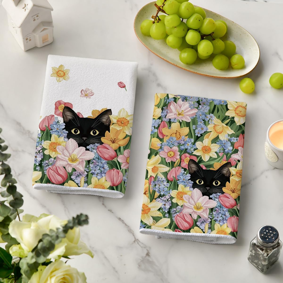 Tulip Wild Flowers Black Cat Spring Kitchen Towels Dish Towels, 18x26 Inch Farmhouse Floral Decoration Hand Towels Set of 2 - Image 3