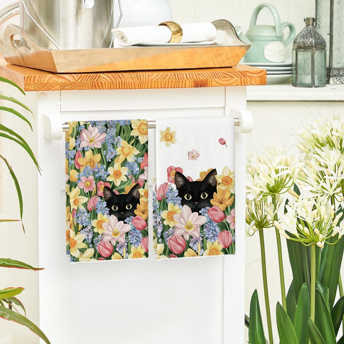 Tulip Wild Flowers Black Cat Spring Kitchen Towels Dish Towels, 18x26 Inch Farmhouse Floral Decoration Hand Towels Set of 2 - Image 4
