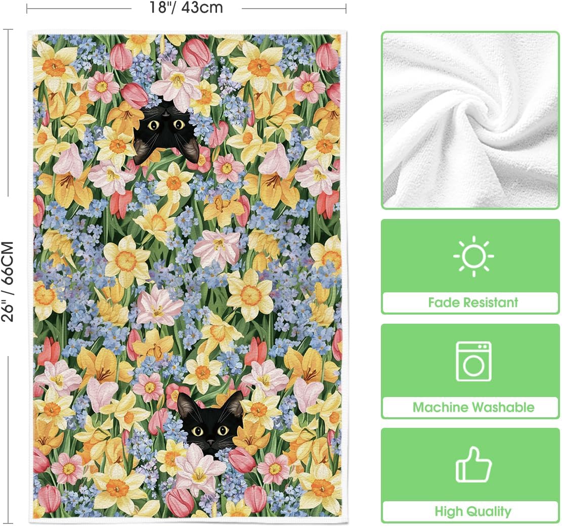 Tulip Wild Flowers Black Cat Spring Kitchen Towels Dish Towels, 18x26 Inch Farmhouse Floral Decoration Hand Towels Set of 2 - Image 6