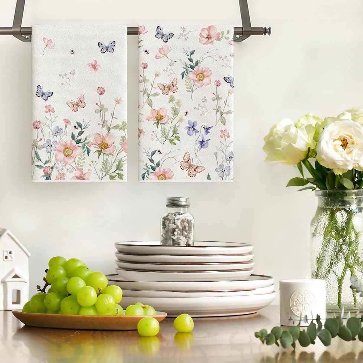 Floral Leaves Butterfly Spring Kitchen Towels Dish Towels, 18x26 Inch Seasonal Summer Decoration Hand Towels Set of 2 - Image 2