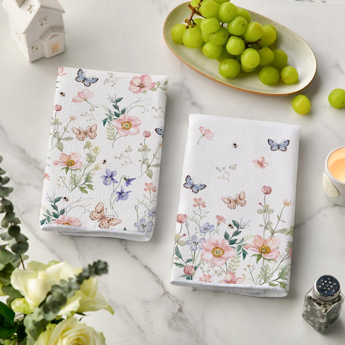 Floral Leaves Butterfly Spring Kitchen Towels Dish Towels, 18x26 Inch Seasonal Summer Decoration Hand Towels Set of 2 - Image 3