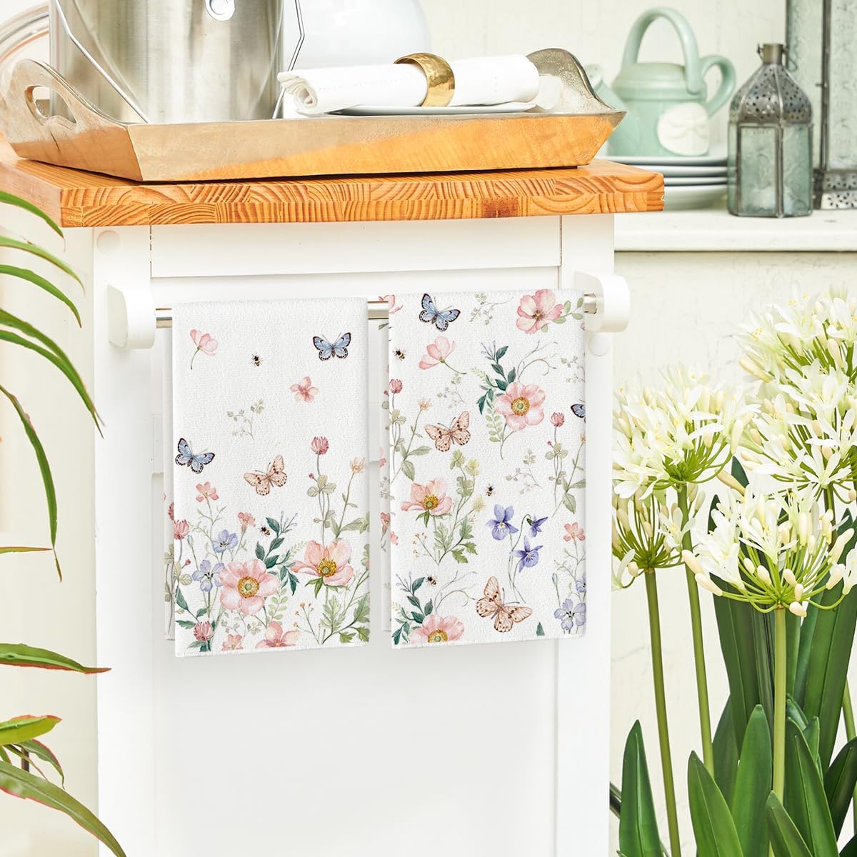 Floral Leaves Butterfly Spring Kitchen Towels Dish Towels, 18x26 Inch Seasonal Summer Decoration Hand Towels Set of 2 - Image 4