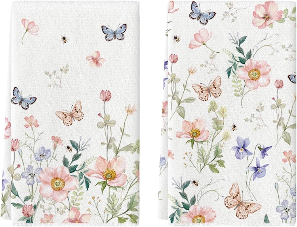 Floral Leaves Butterfly Spring Kitchen Towels Dish Towels, 18x26 Inch Seasonal Summer Decoration Hand Towels Set of 2 - Image 7