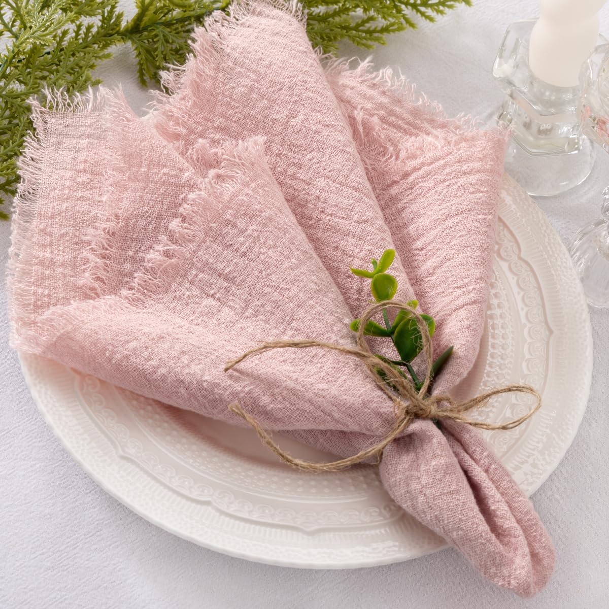 Set of 12 Linen Napkins Dusty Rose Easter Spring Cloth Napkins Washable Cotton Dinner Napkins Fringe 17