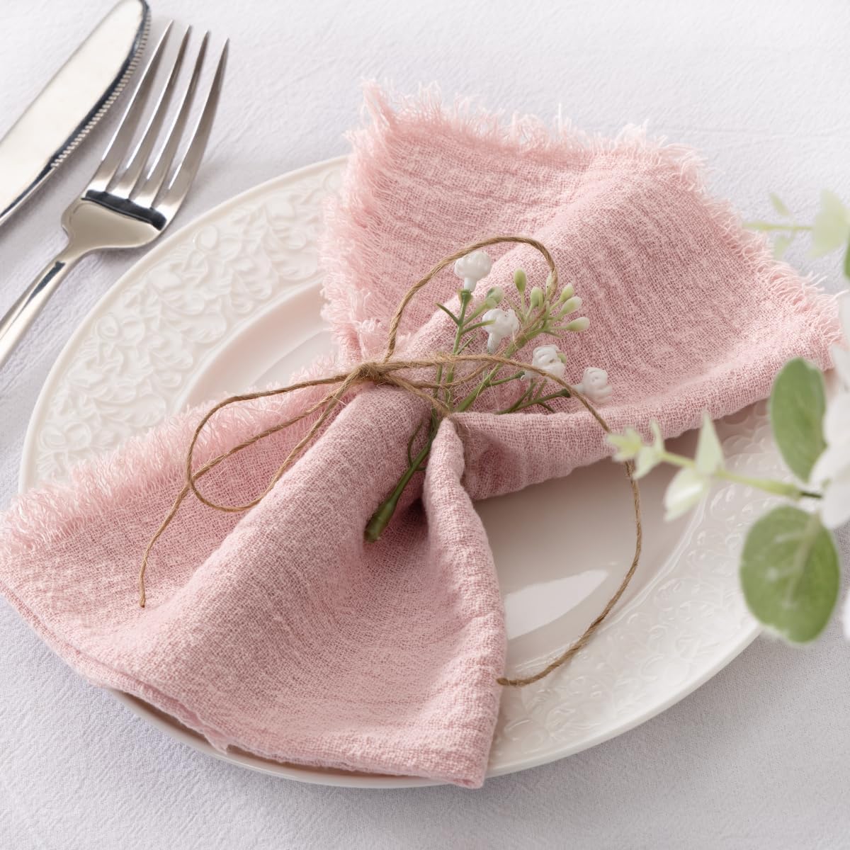 Set of 12 Linen Napkins Dusty Rose Easter Spring Cloth Napkins Washable Cotton Dinner Napkins Fringe 17