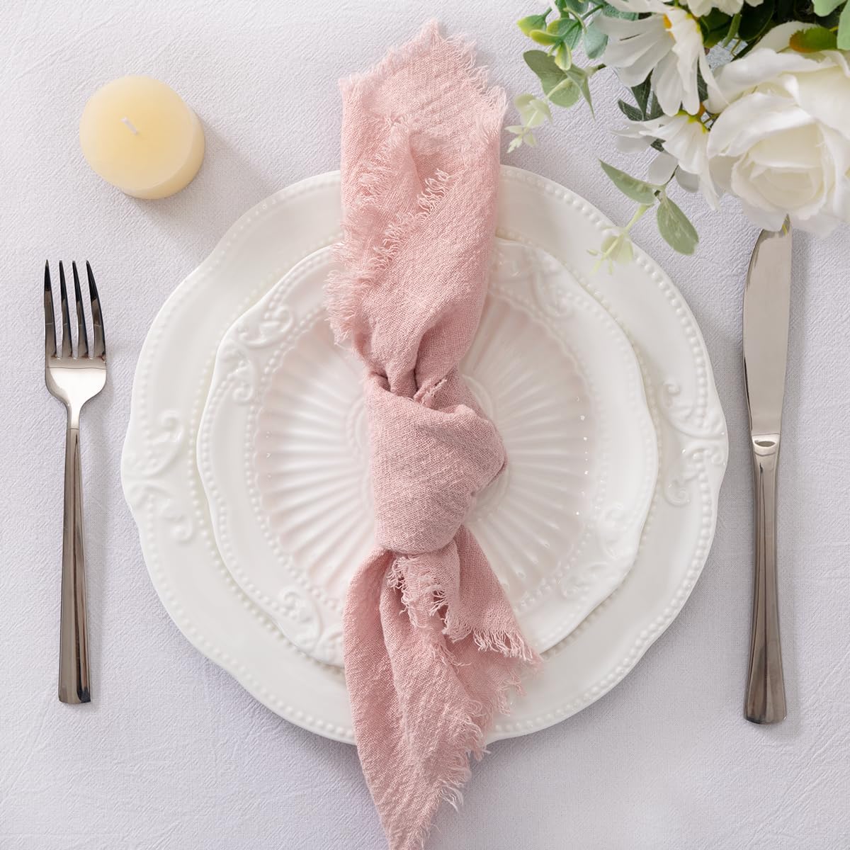 Set of 12 Linen Napkins Dusty Rose Easter Spring Cloth Napkins Washable Cotton Dinner Napkins Fringe 17
