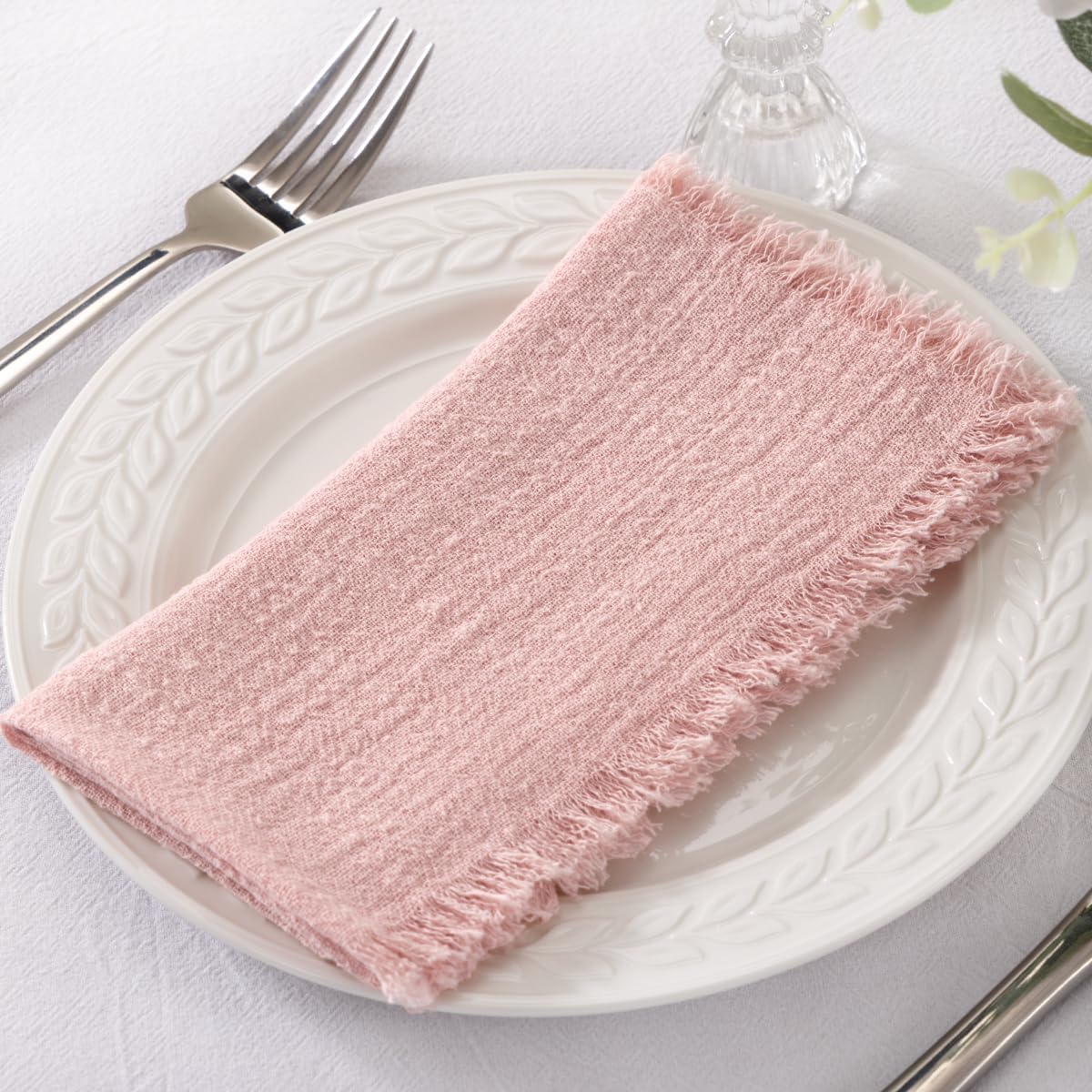 Set of 12 Linen Napkins Dusty Rose Easter Spring Cloth Napkins Washable Cotton Dinner Napkins Fringe 17