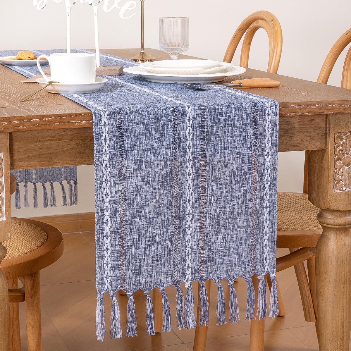 Farmhouse Table Runner 108 inches Macrame Woven Coffee Table Runner Cotton Rustic Fall Thanksgiving Table Runner with Tassels for Boho Home Decor Living Dining Room 13x108 inches Dusty Blue - Image 1