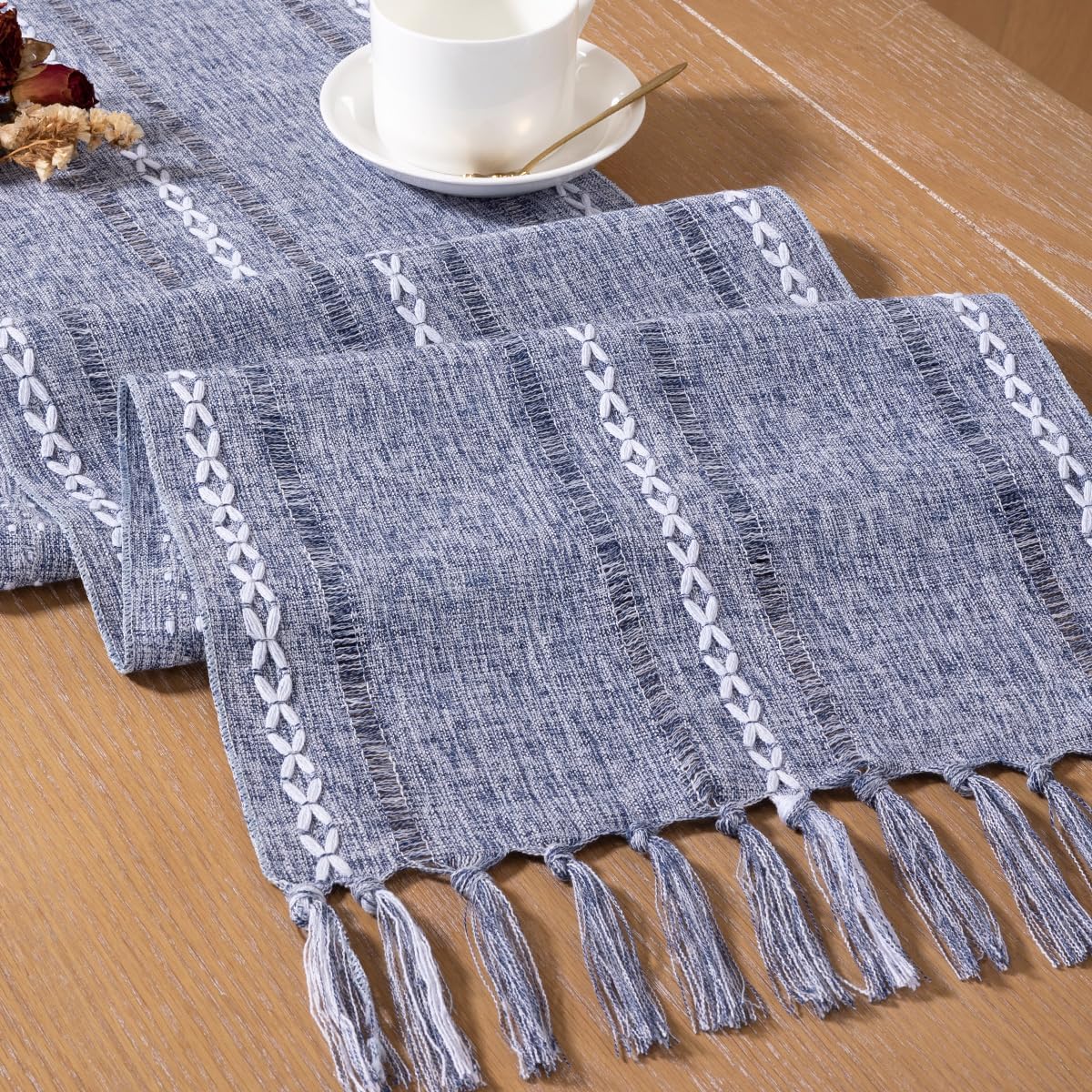 Farmhouse Table Runner 108 inches Macrame Woven Coffee Table Runner Cotton Rustic Fall Thanksgiving Table Runner with Tassels for Boho Home Decor Living Dining Room 13x108 inches Dusty Blue - Image 2