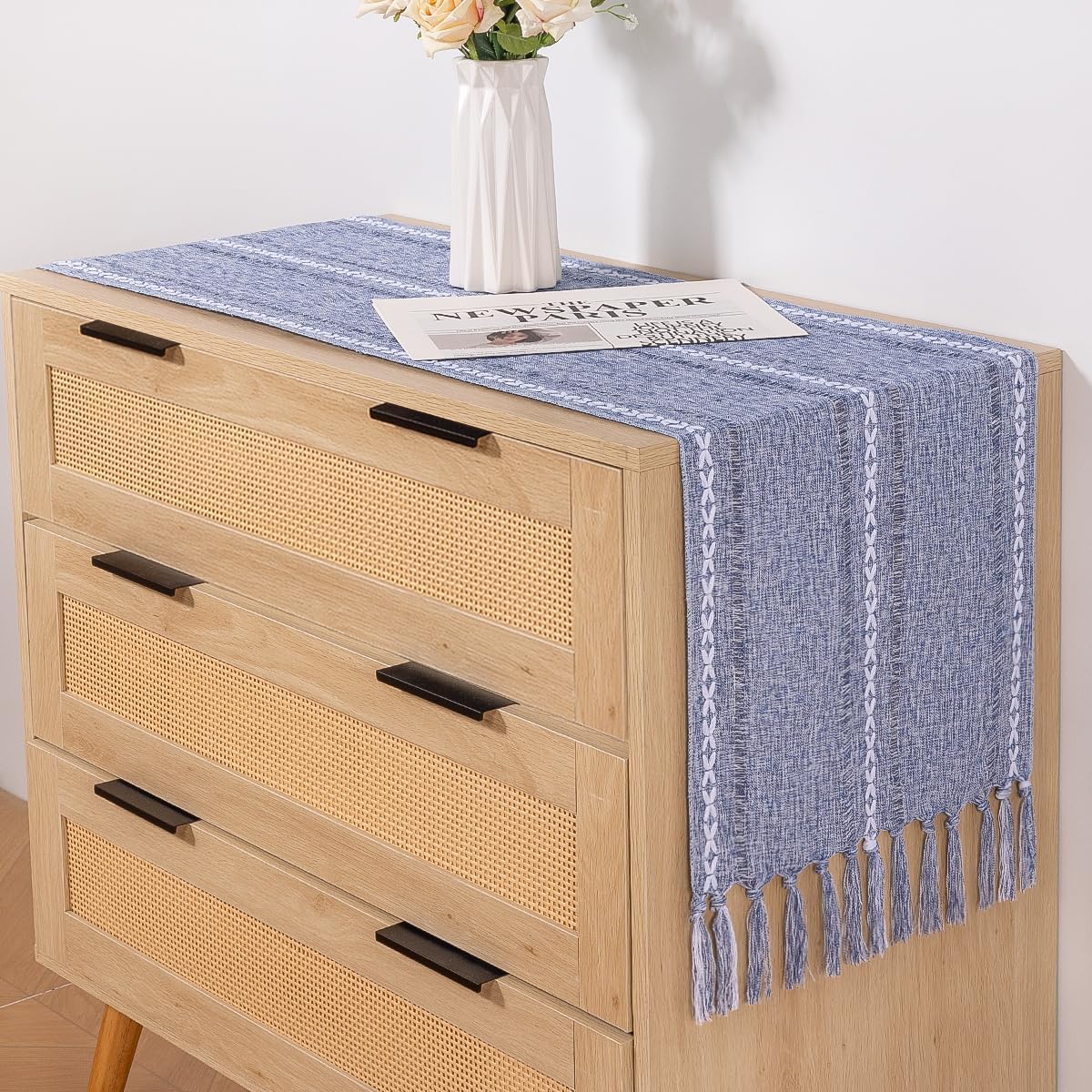 Farmhouse Table Runner 108 inches Macrame Woven Coffee Table Runner Cotton Rustic Fall Thanksgiving Table Runner with Tassels for Boho Home Decor Living Dining Room 13x108 inches Dusty Blue - Image 3