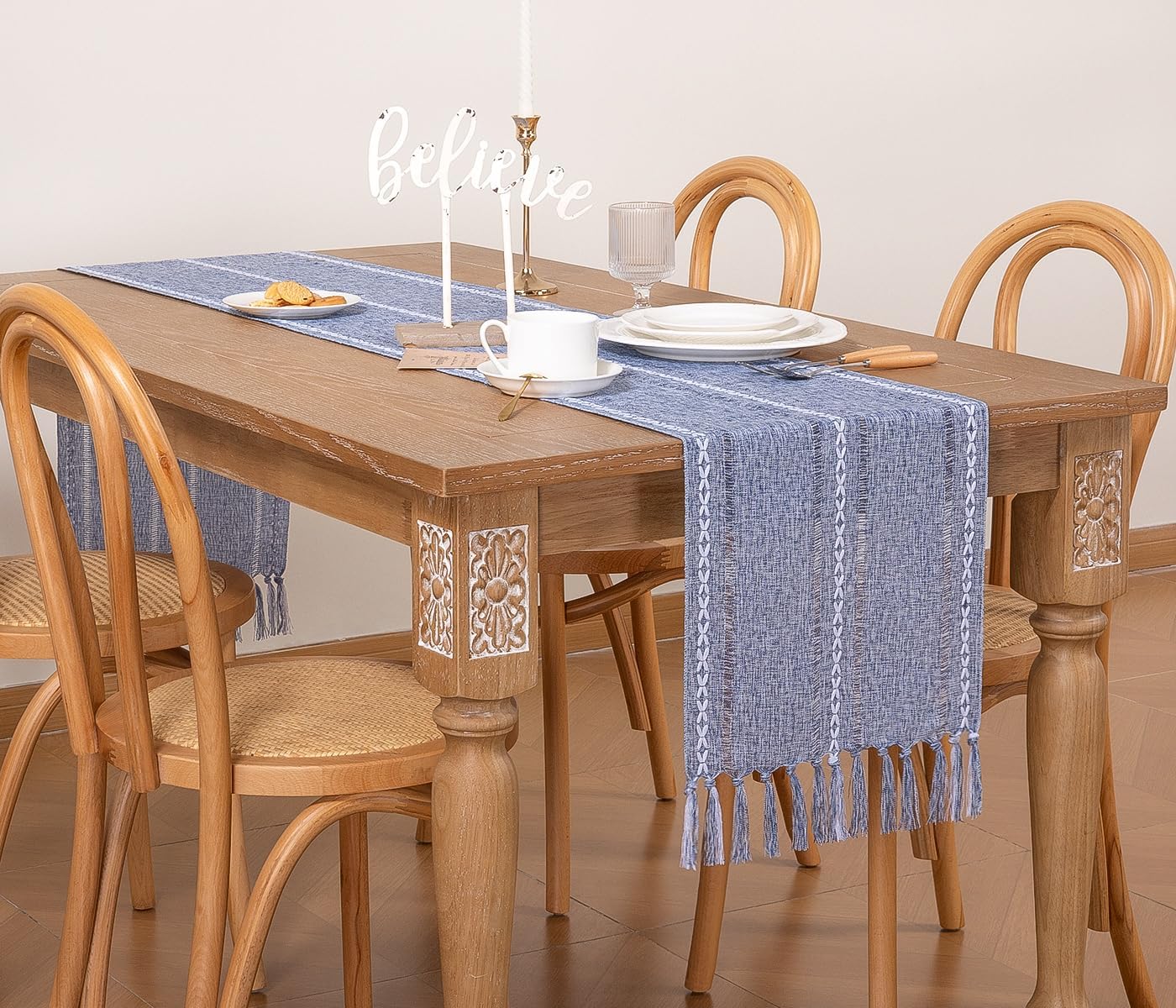 Farmhouse Table Runner 108 inches Macrame Woven Coffee Table Runner Cotton Rustic Fall Thanksgiving Table Runner with Tassels for Boho Home Decor Living Dining Room 13x108 inches Dusty Blue - Image 4