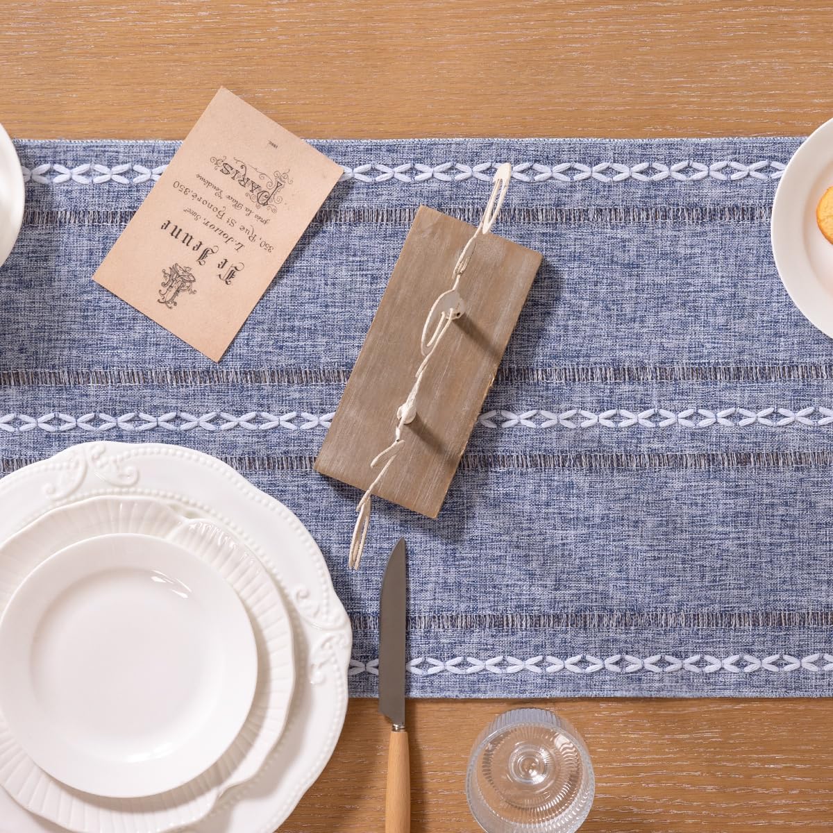 Farmhouse Table Runner 108 inches Macrame Woven Coffee Table Runner Cotton Rustic Fall Thanksgiving Table Runner with Tassels for Boho Home Decor Living Dining Room 13x108 inches Dusty Blue - Image 5
