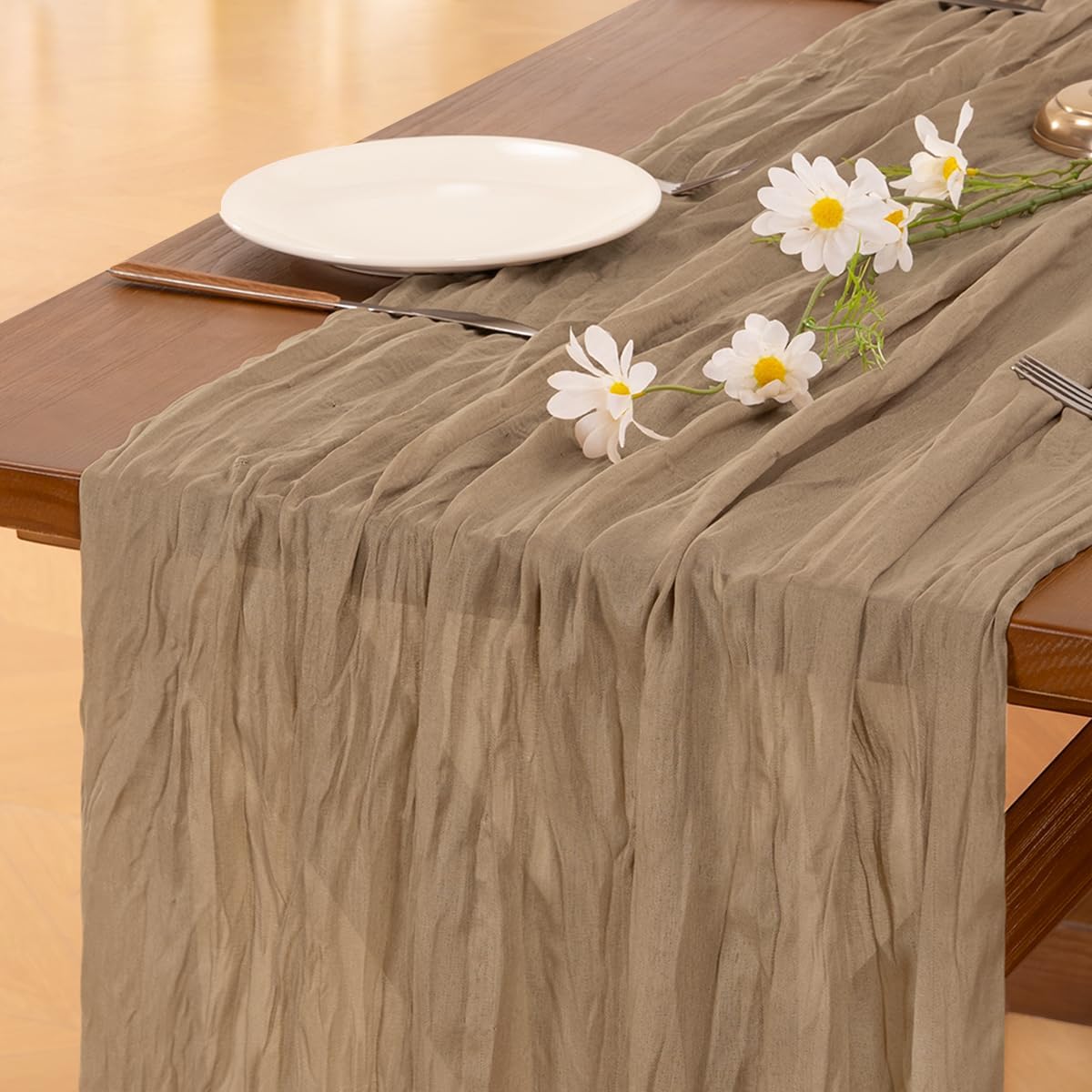 Nude Brown Cheesecloth Table Runner with 50pcs Napkins - Image 1