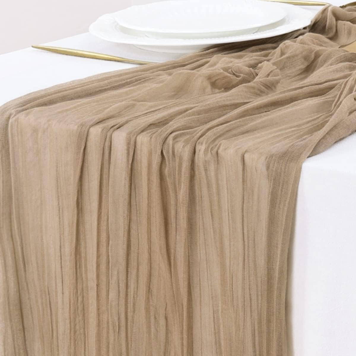 Nude Brown Cheesecloth Table Runner with 50pcs Napkins - Image 2