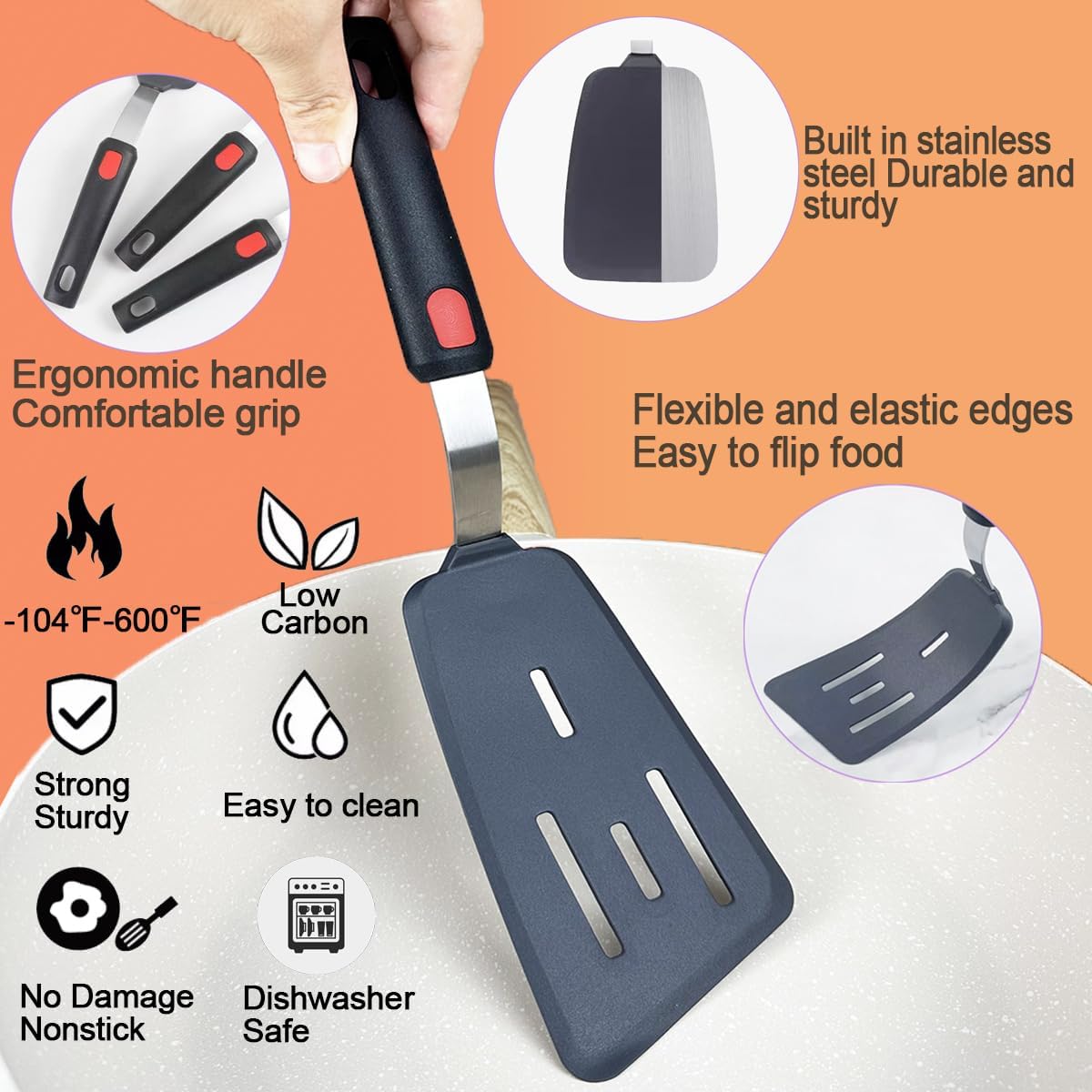 4Pcs Spatula Silicone Heat Resistant Flexible Rubber Silicone Spatulas for Nonstick Cookware, Burger Pancake Spatula Turner Large Spatulas Set for Cooking Kitchen Utensils Set Black - Image 3