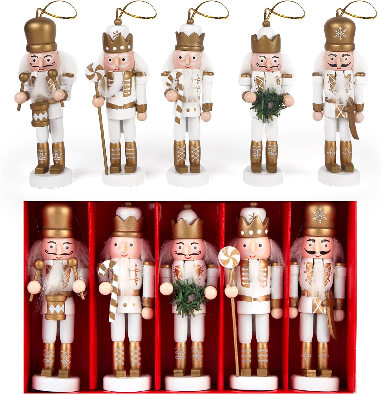 5PCS Nutcracker Christmas Decor, Wooden Nutcracker Hanging Ornaments Soldier for Christmas Tree Gift Shelves Table Decoration (5inch) - Image 1