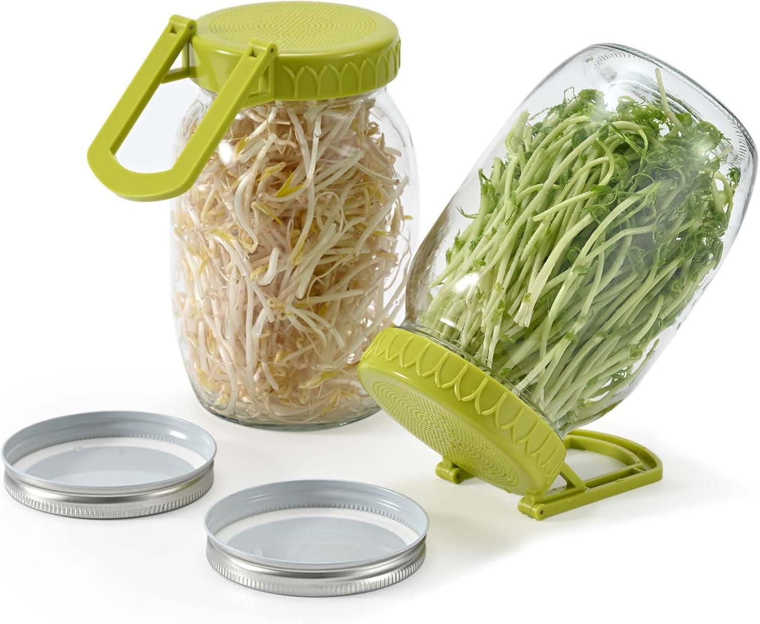 Complete Sprouting Kit - 2 Large Wide-Mouth Mason Jars 32 Oz, 2 Foldalbe Screen Lids with Draining Stand, 2 l Canning Lids, Bean Sprouts Grow Kit for Broccoli alfalfa - Image 1