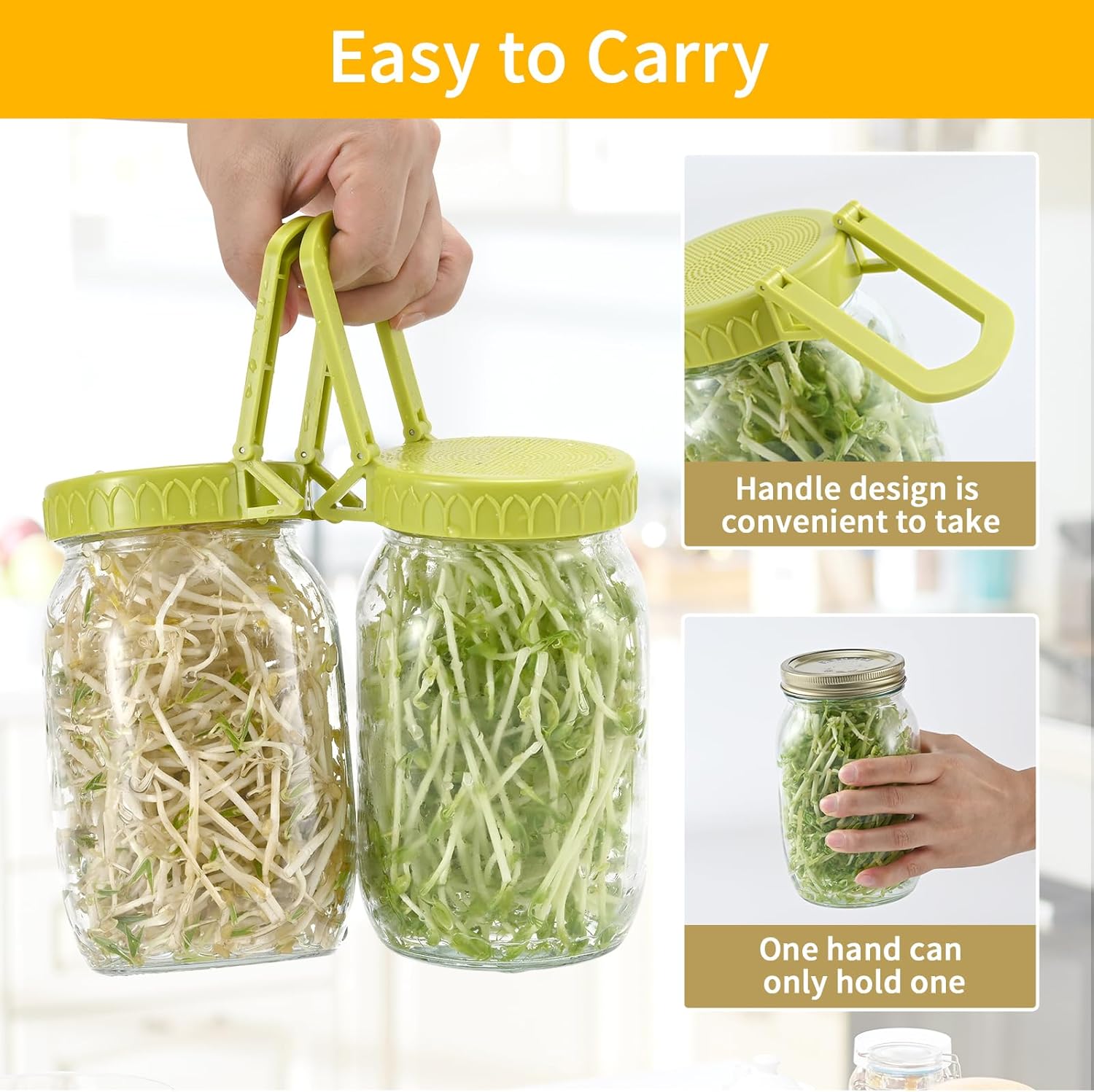 Complete Sprouting Kit - 2 Large Wide-Mouth Mason Jars 32 Oz, 2 Foldalbe Screen Lids with Draining Stand, 2 l Canning Lids, Bean Sprouts Grow Kit for Broccoli alfalfa - Image 3