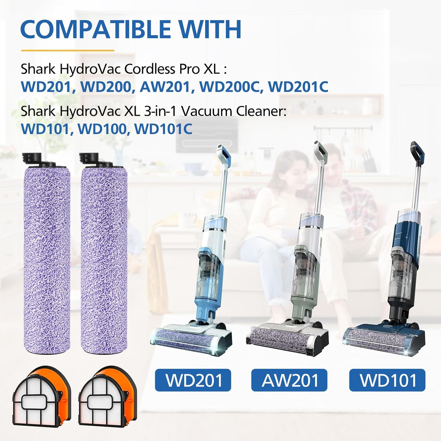 WDB1F2 Replacement Brushroll & Filter Bundle Compatible with Shark Hydrovac WD101 WD201 WD100 WD200 AW201 WD200C WD201C WD101C HydroVac XL 3-in-1 Vacuum Cleaner,Compare Parts WDB1, WDB2, WDFF1, WDFF2 - Image 2