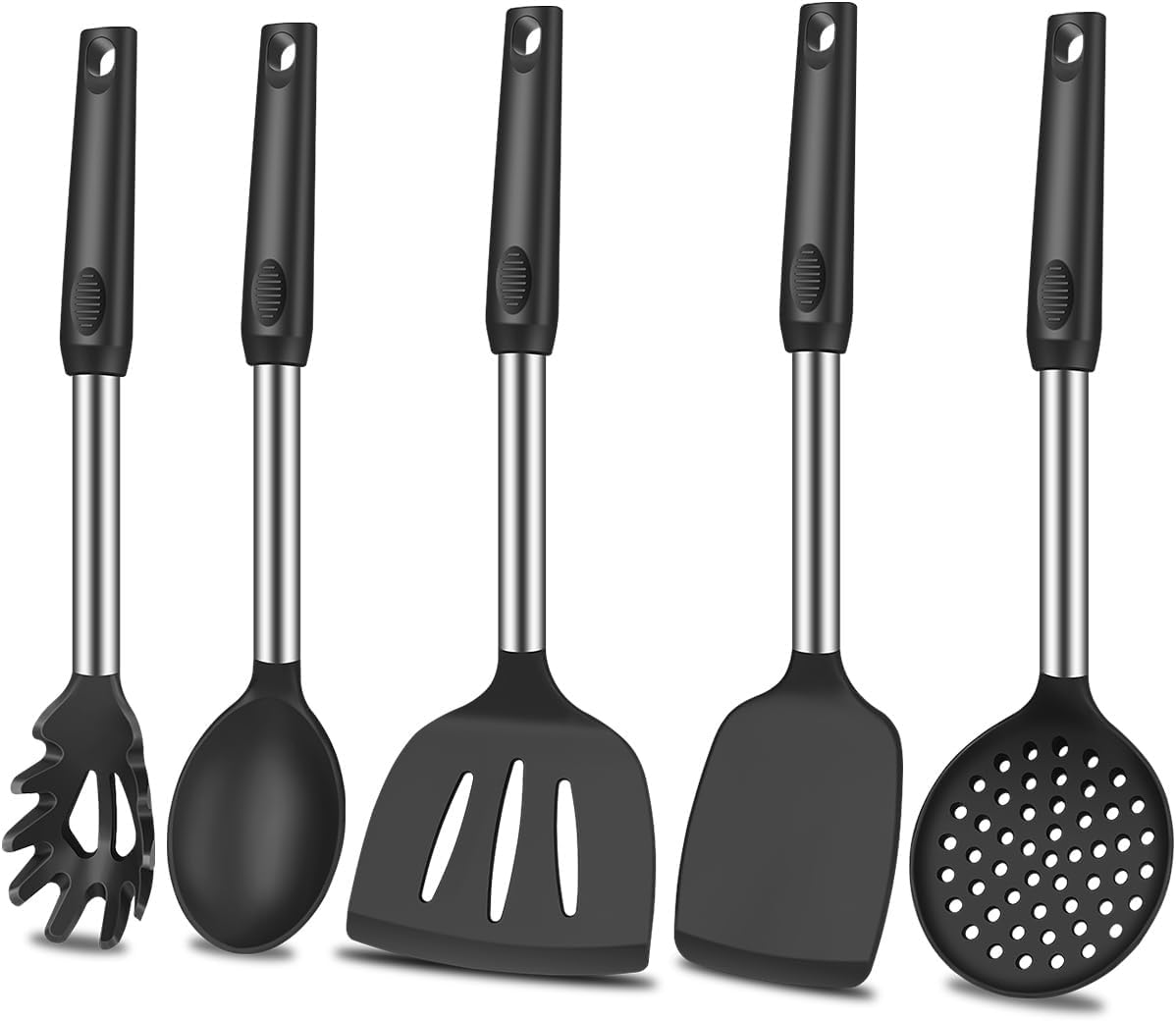 5Pcs Silicone Spatula Heat Resistant Long Large Spatulas Set for Nonstick Cookware, Rubber Pancake Fish Turner Spatula for Kitchen Use Silicone Cooking Kitchen Utensils Set Black - Image 1
