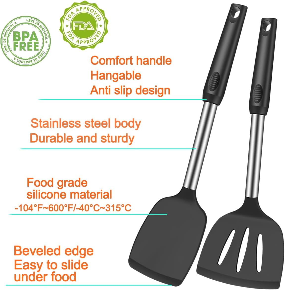 5Pcs Silicone Spatula Heat Resistant Long Large Spatulas Set for Nonstick Cookware, Rubber Pancake Fish Turner Spatula for Kitchen Use Silicone Cooking Kitchen Utensils Set Black - Image 2