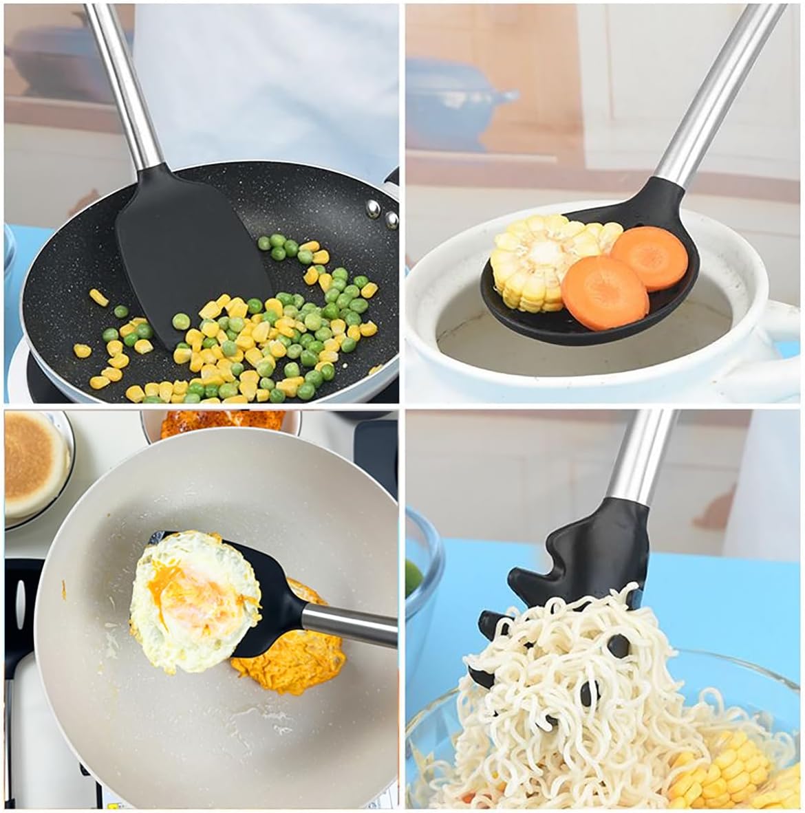 5Pcs Silicone Spatula Heat Resistant Long Large Spatulas Set for Nonstick Cookware, Rubber Pancake Fish Turner Spatula for Kitchen Use Silicone Cooking Kitchen Utensils Set Black - Image 3