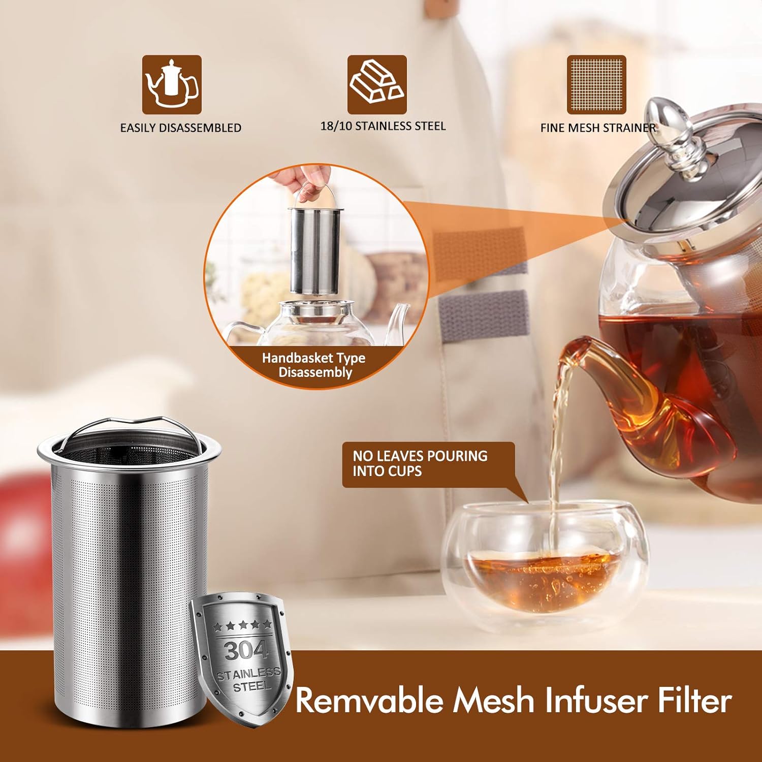1000ml Glass Teapot with Removable Infuser, Stovetop Safe Tea Kettle, Blooming and Loose Leaf Tea Maker Set - Image 3