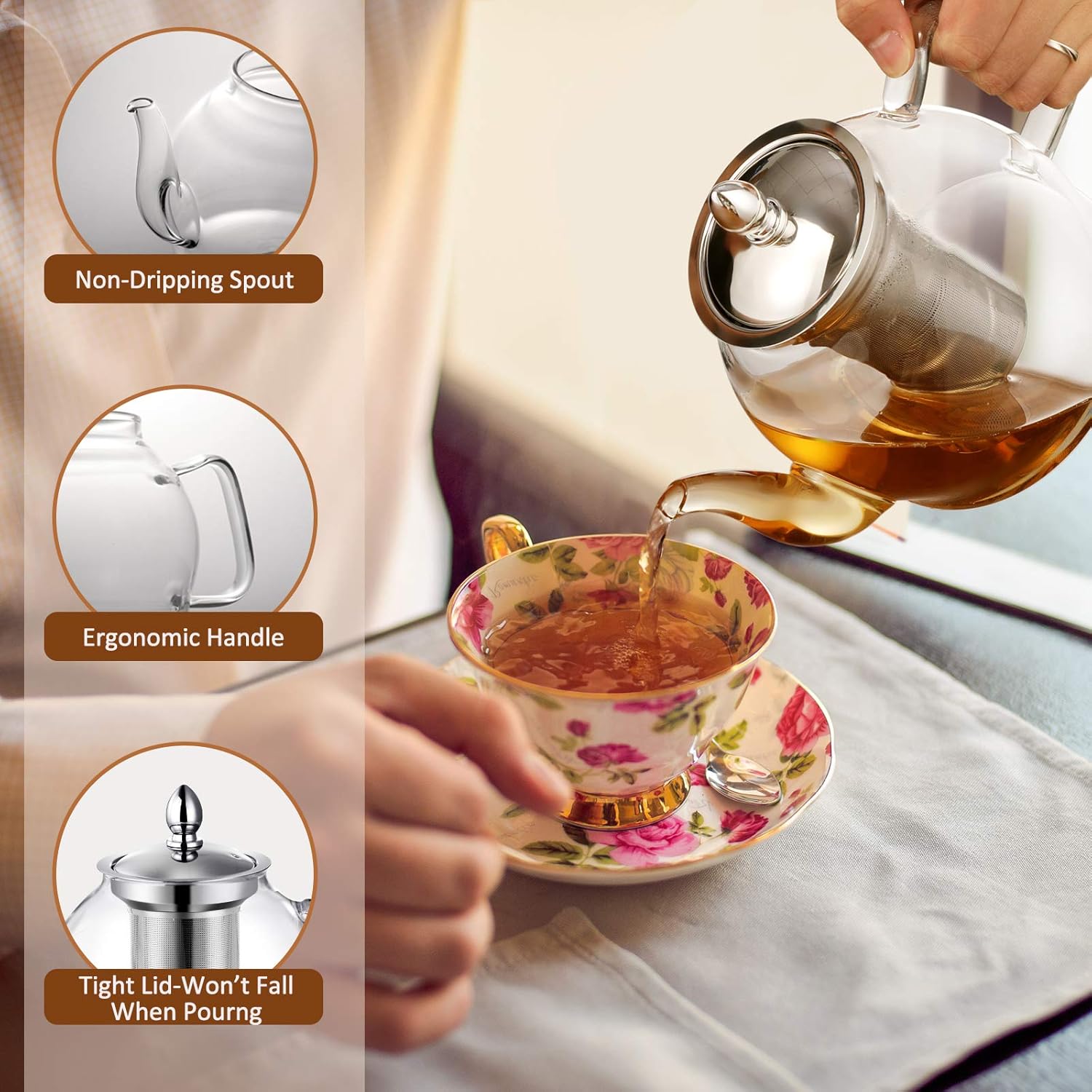 1000ml Glass Teapot with Removable Infuser, Stovetop Safe Tea Kettle, Blooming and Loose Leaf Tea Maker Set - Image 4