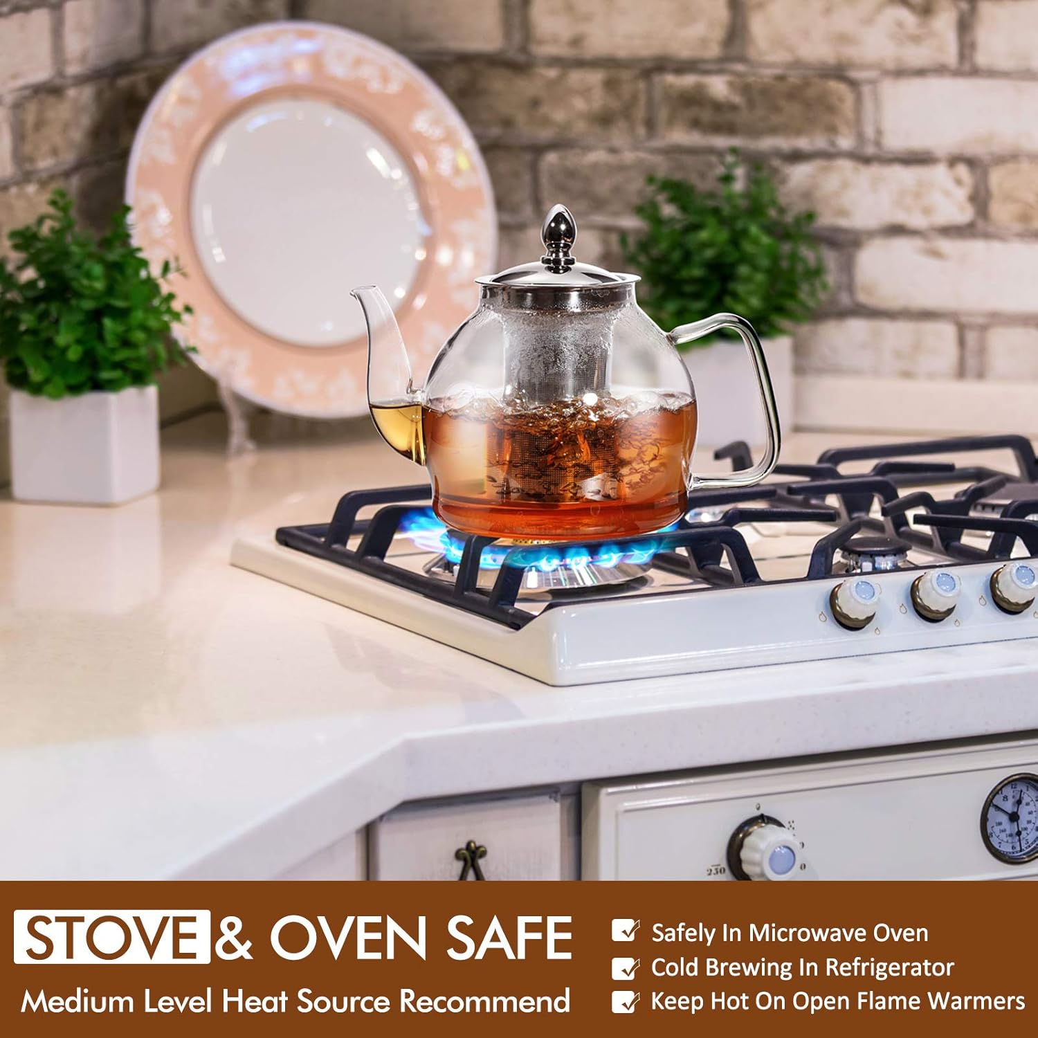 1000ml Glass Teapot with Removable Infuser, Stovetop Safe Tea Kettle, Blooming and Loose Leaf Tea Maker Set - Image 6