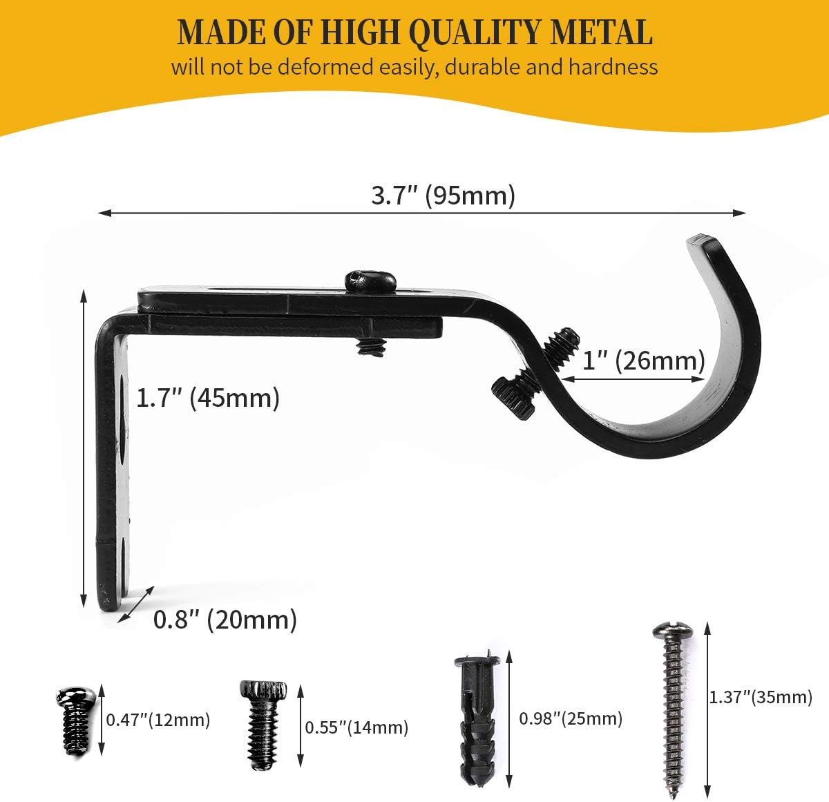 Adjustable 1 Inch Curtain Rod Brackets, Black Iron Wall Mounts, 2 Pack - Image 5
