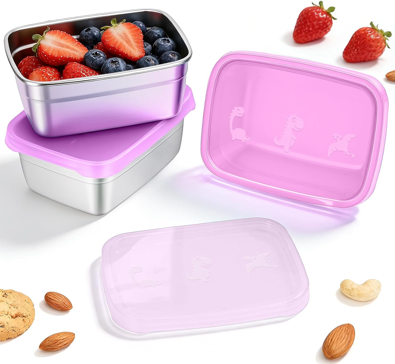 3-Pack Stainless Steel Snack Containers for Kids & Toddlers - 550ml (18oz) Leakproof Colorful Lids with Cute Dinosaurs | LFGB Certified, Stackable l Lunch Box for Daycare, School, Travel - Image 1