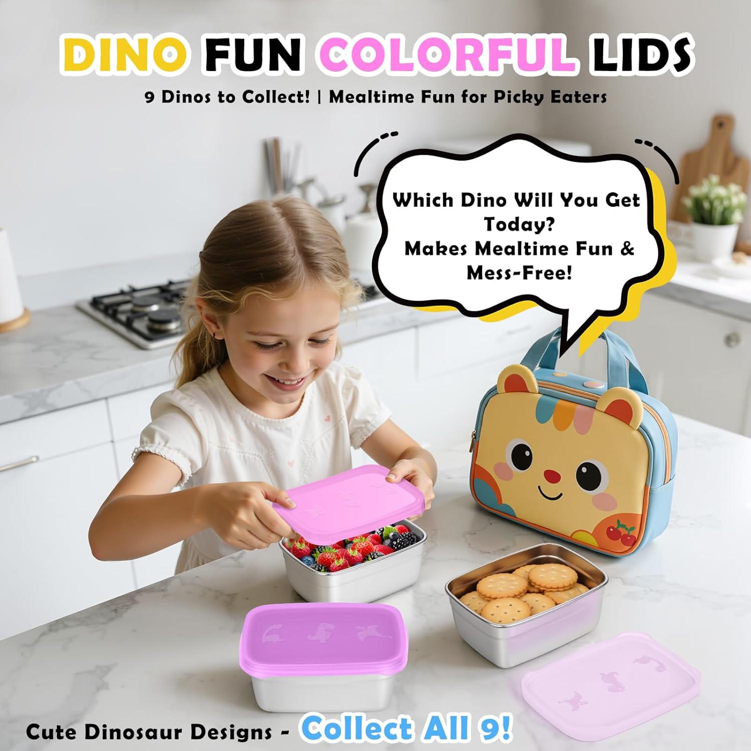 3-Pack Stainless Steel Snack Containers for Kids & Toddlers - 550ml (18oz) Leakproof Colorful Lids with Cute Dinosaurs | LFGB Certified, Stackable l Lunch Box for Daycare, School, Travel - Image 2