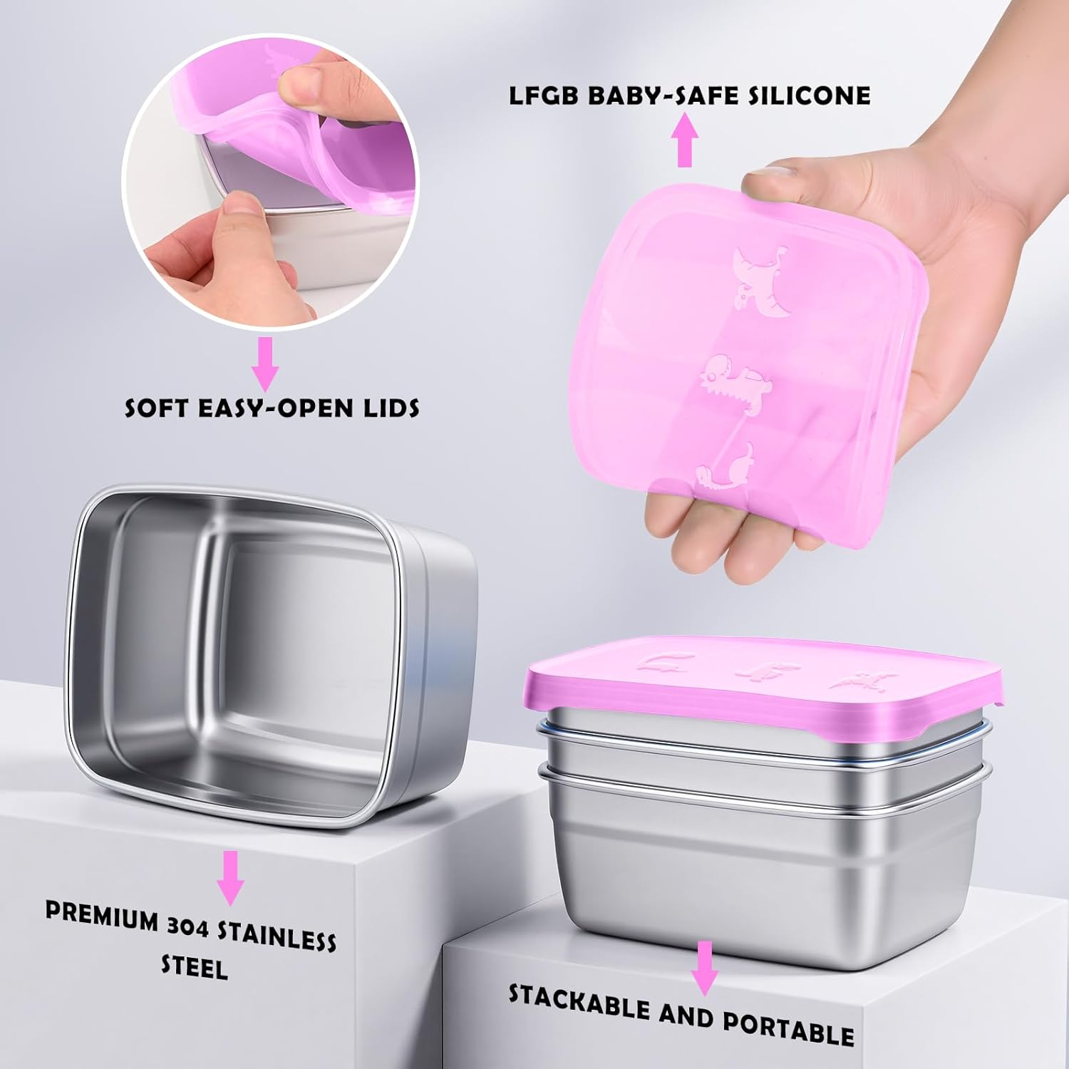 3-Pack Stainless Steel Snack Containers for Kids & Toddlers - 550ml (18oz) Leakproof Colorful Lids with Cute Dinosaurs | LFGB Certified, Stackable l Lunch Box for Daycare, School, Travel - Image 3