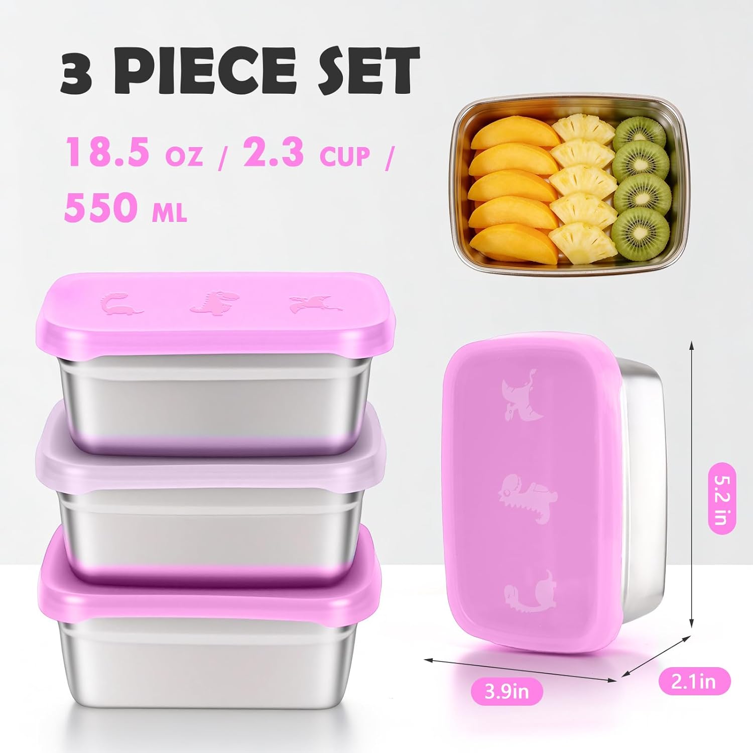 3-Pack Stainless Steel Snack Containers for Kids & Toddlers - 550ml (18oz) Leakproof Colorful Lids with Cute Dinosaurs | LFGB Certified, Stackable l Lunch Box for Daycare, School, Travel - Image 4