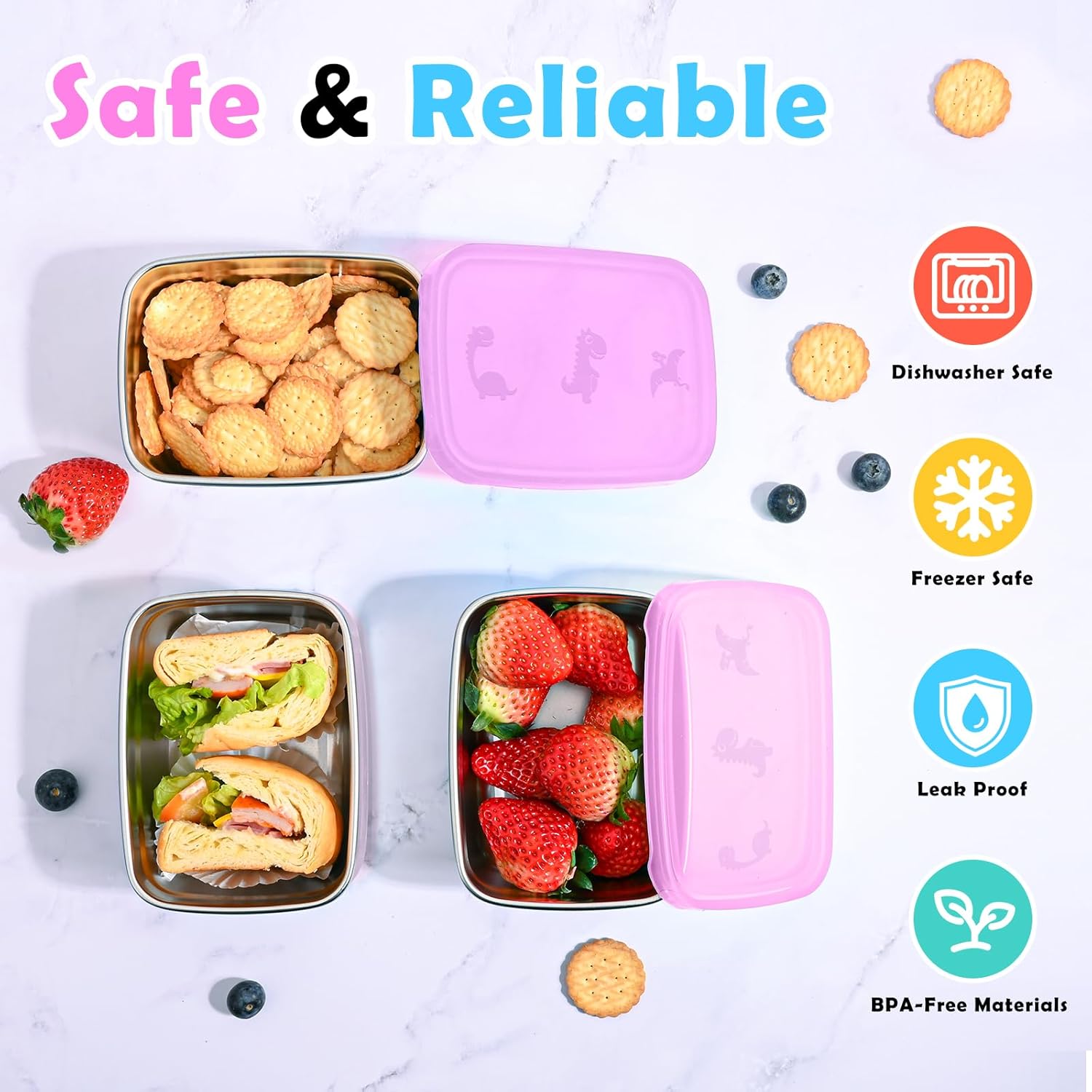 3-Pack Stainless Steel Snack Containers for Kids & Toddlers - 550ml (18oz) Leakproof Colorful Lids with Cute Dinosaurs | LFGB Certified, Stackable l Lunch Box for Daycare, School, Travel - Image 5