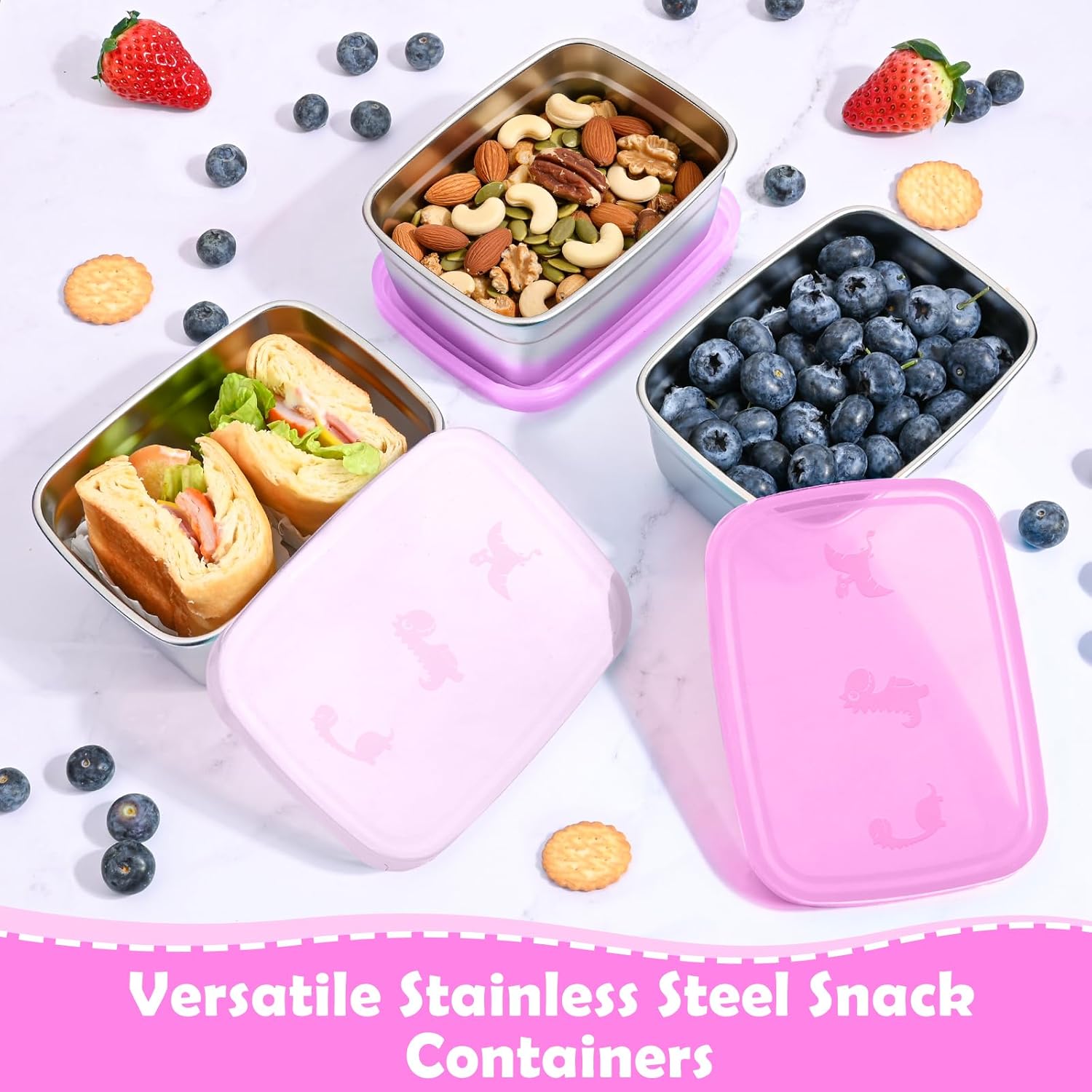3-Pack Stainless Steel Snack Containers for Kids & Toddlers - 550ml (18oz) Leakproof Colorful Lids with Cute Dinosaurs | LFGB Certified, Stackable l Lunch Box for Daycare, School, Travel - Image 6