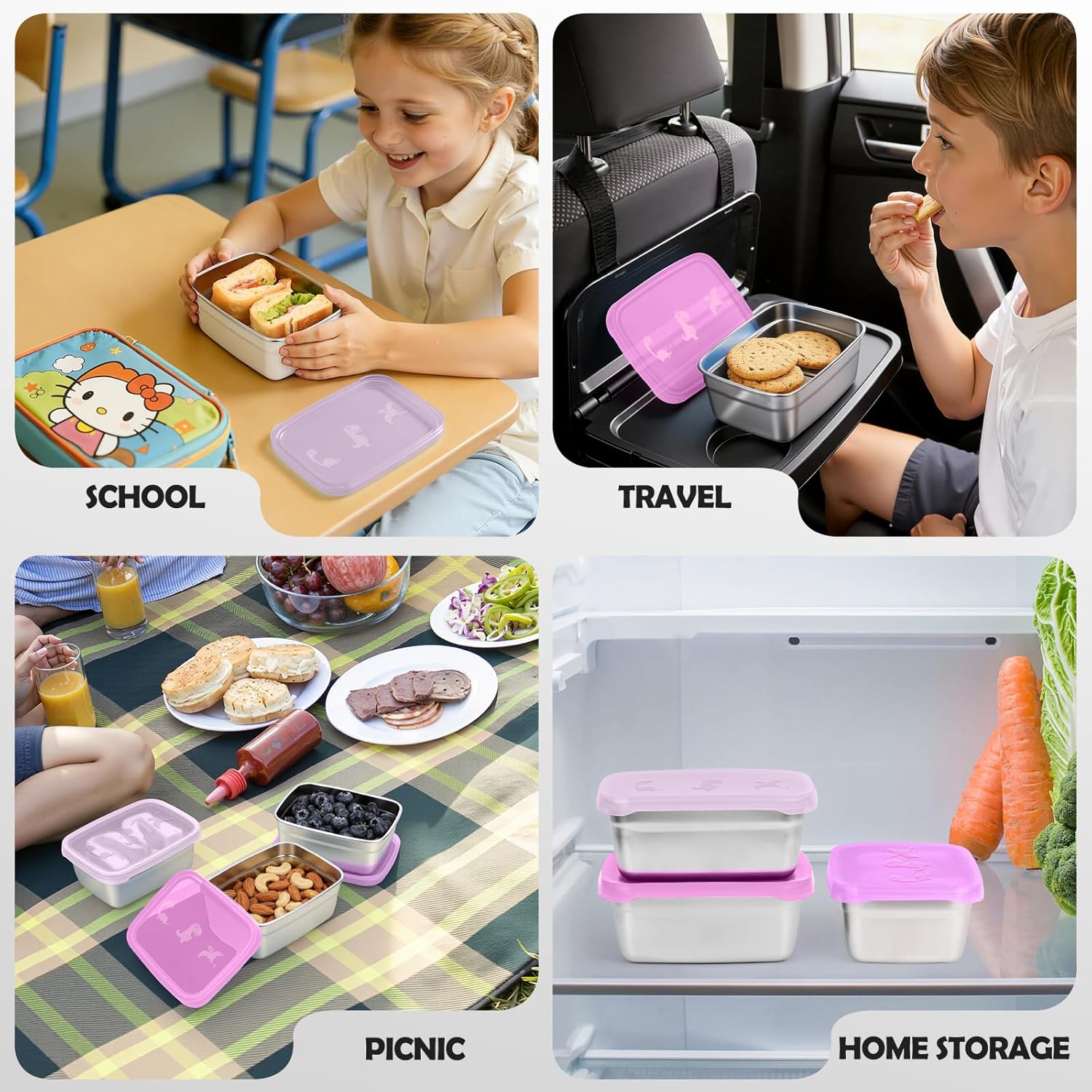 3-Pack Stainless Steel Snack Containers for Kids & Toddlers - 550ml (18oz) Leakproof Colorful Lids with Cute Dinosaurs | LFGB Certified, Stackable l Lunch Box for Daycare, School, Travel - Image 7
