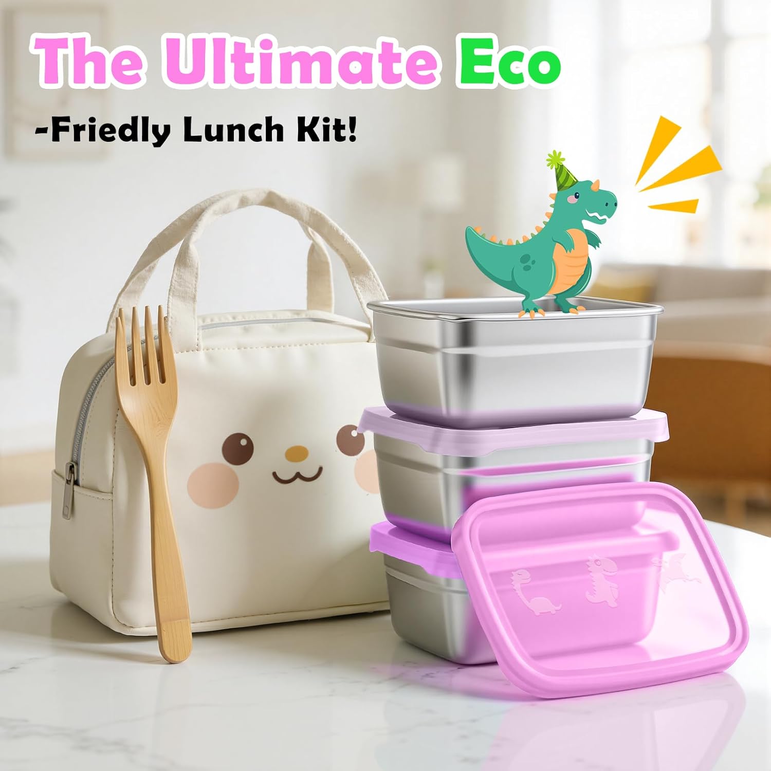 3-Pack Stainless Steel Snack Containers for Kids & Toddlers - 550ml (18oz) Leakproof Colorful Lids with Cute Dinosaurs | LFGB Certified, Stackable l Lunch Box for Daycare, School, Travel - Image 8